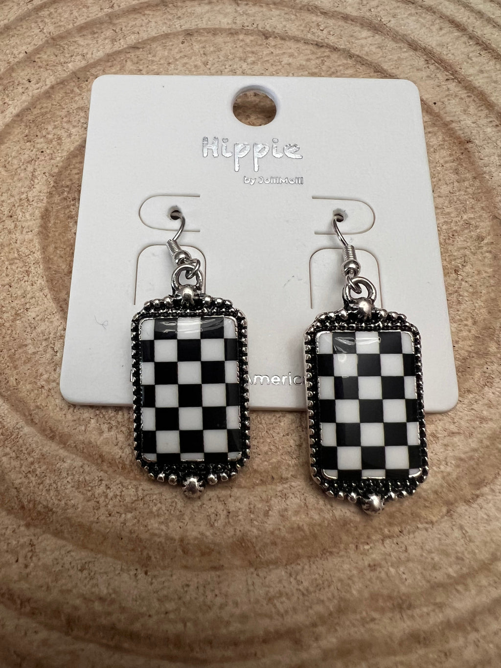 Western Black & White Checkered Rectangle Earrings — 1½" Drop