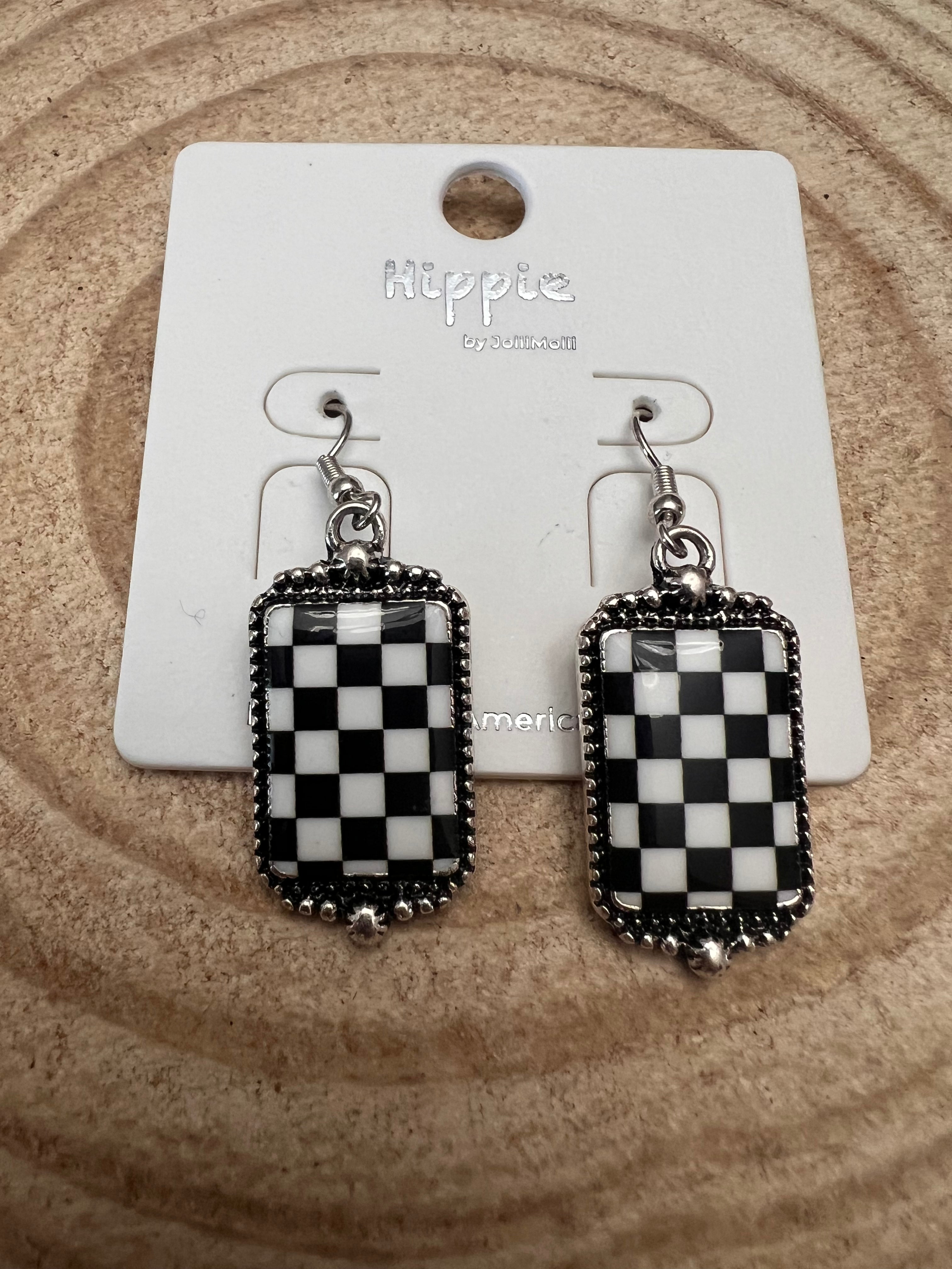 Western Black & White Checkered Rectangle Earrings — 1½" Drop