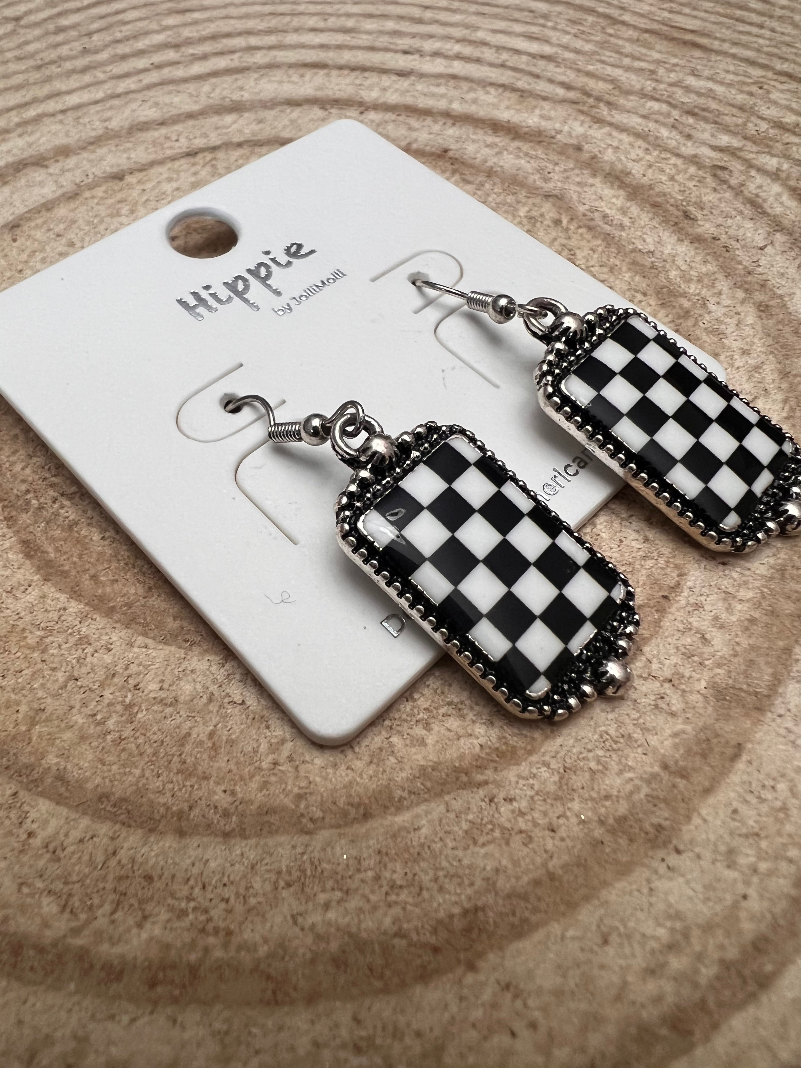 Western Black & White Checkered Rectangle Earrings — 1½" Drop