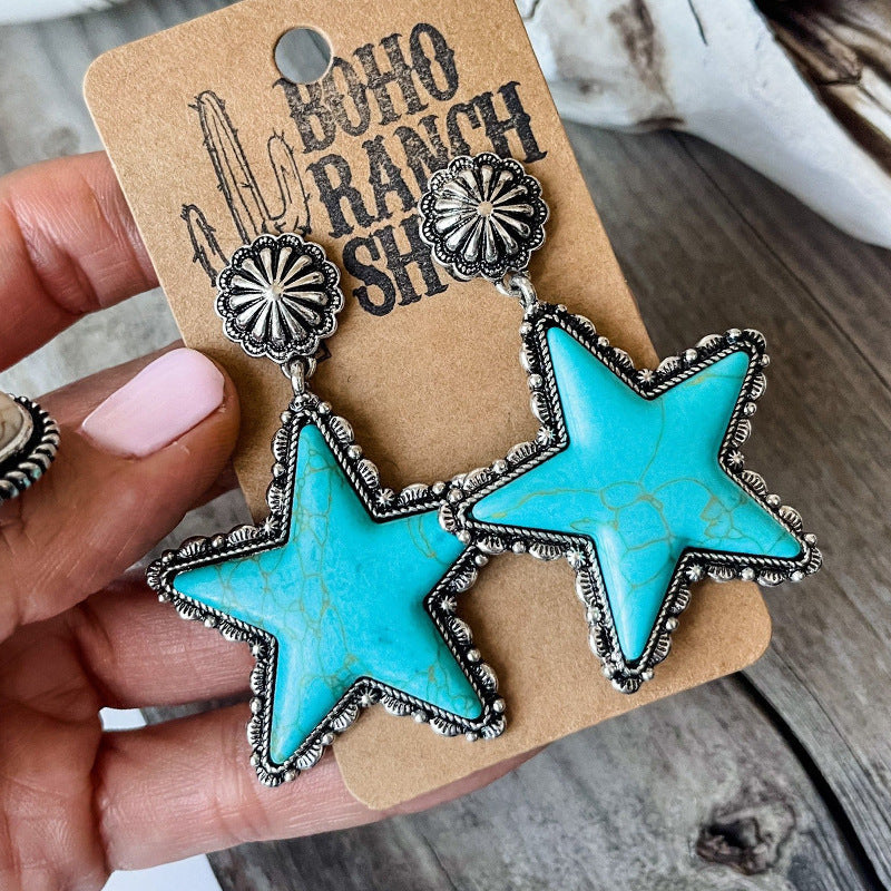 Unique Western Style Pentagram Creative Turquoise Earrings