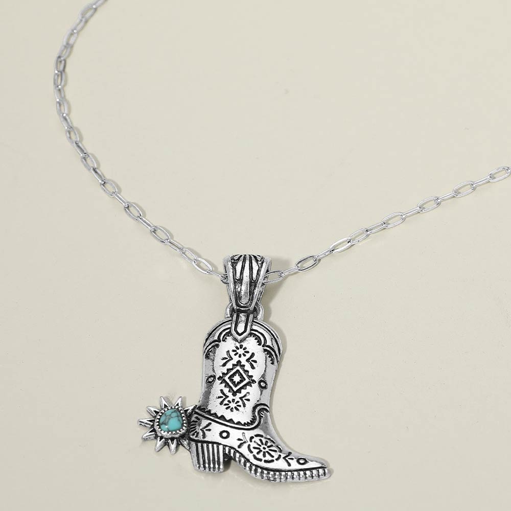Turquoise Stone Accent Western Cowboy Boot Pendant Necklace