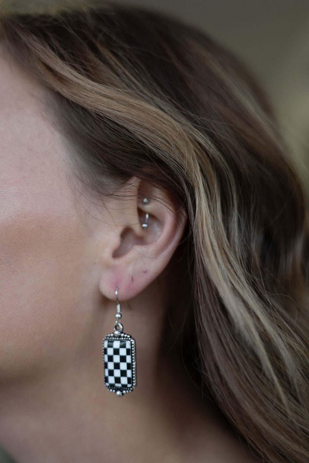 Western Black & White Checkered Rectangle Earrings — 1½" Drop