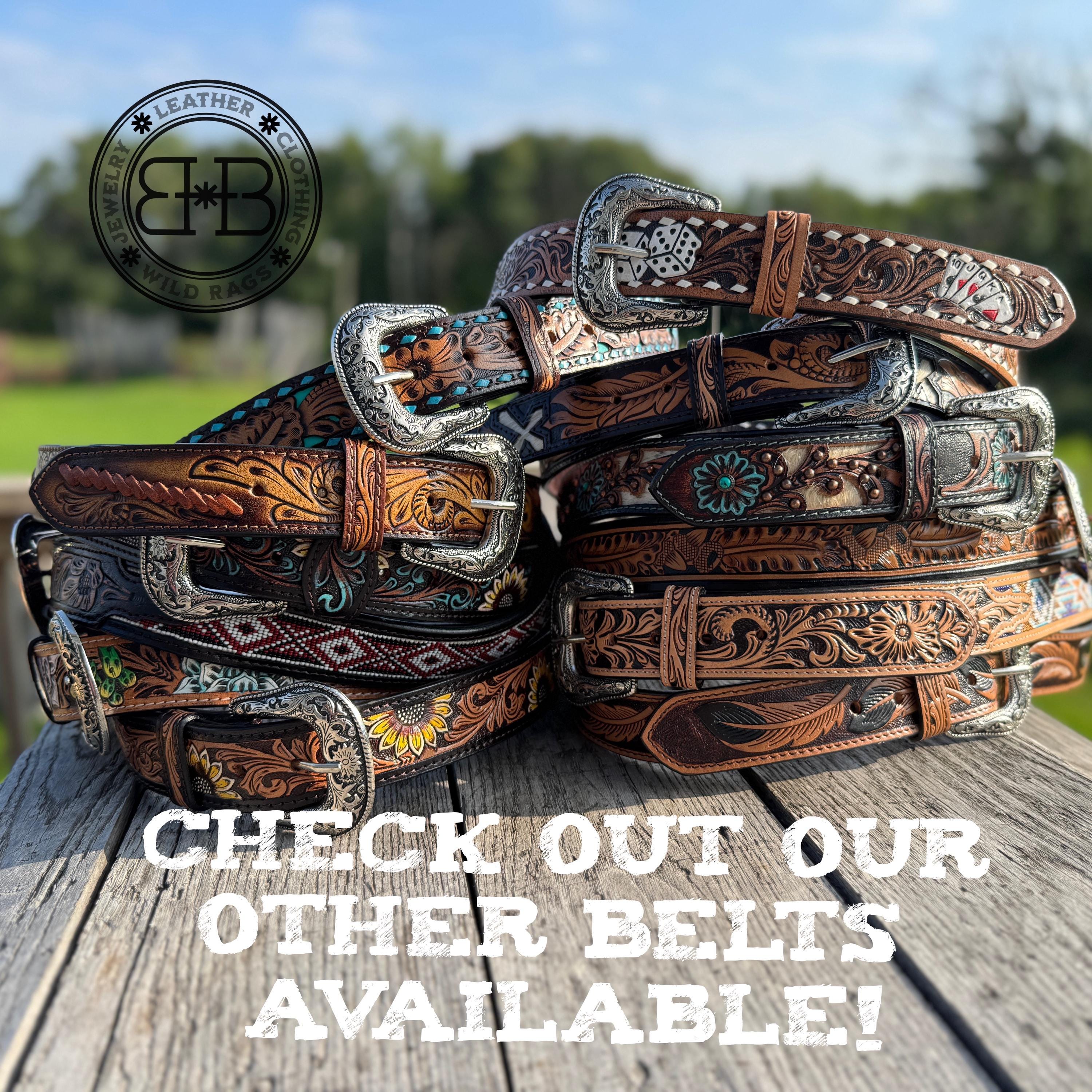 Genuine Leather Western Belt with tooled and buckstitch details by Double B Wild Rags