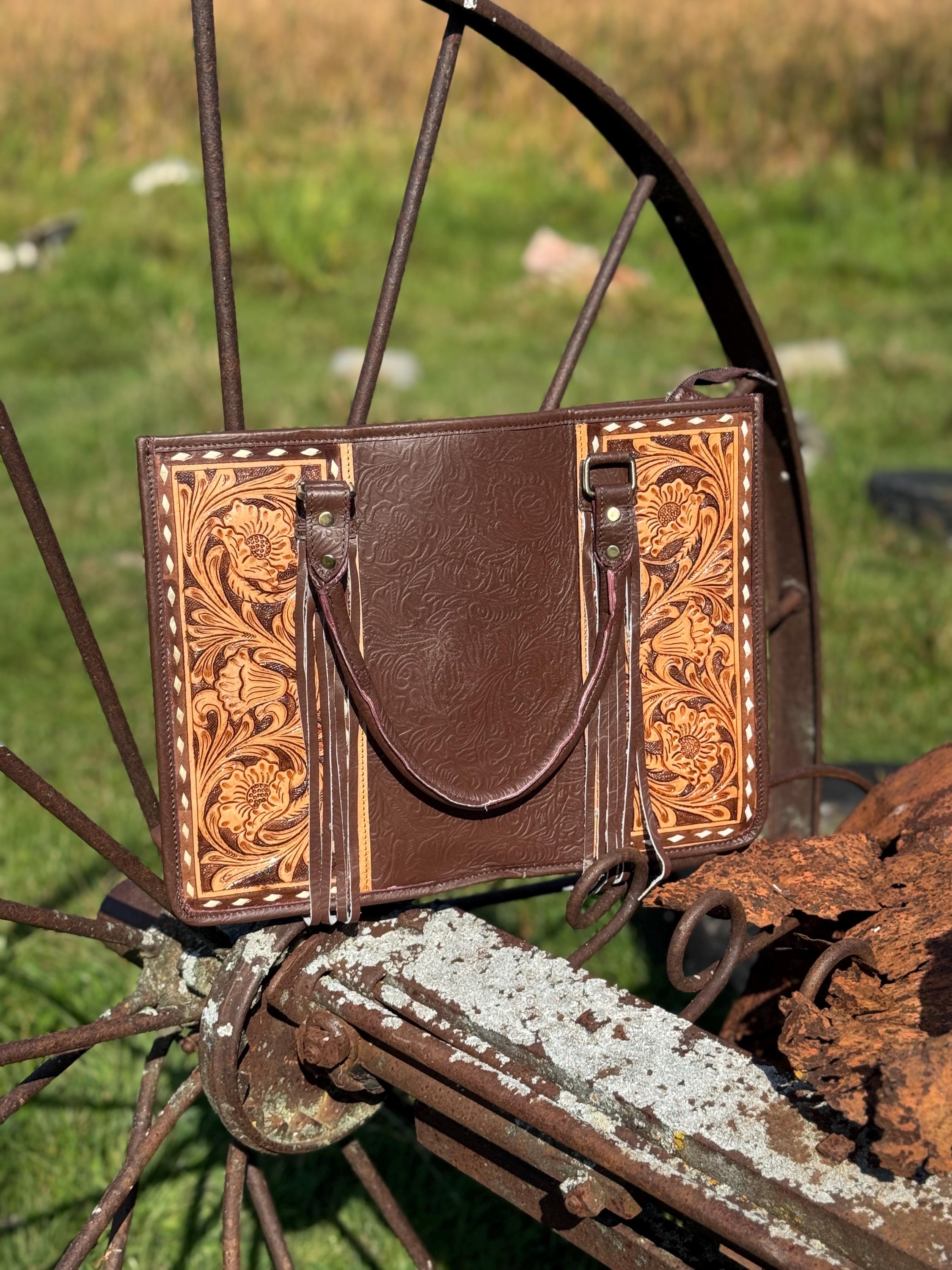 Genuine Western Leather Brown laptop messenger briefcase bag with tooled and embossed leather  by Double B Wild Rags