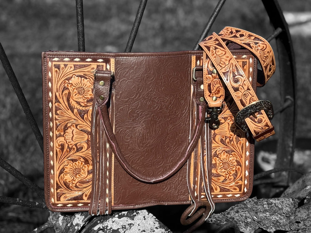 Genuine Western Leather Brown laptop messenger briefcase bag with tooled and embossed leather  by Double B Wild Rags