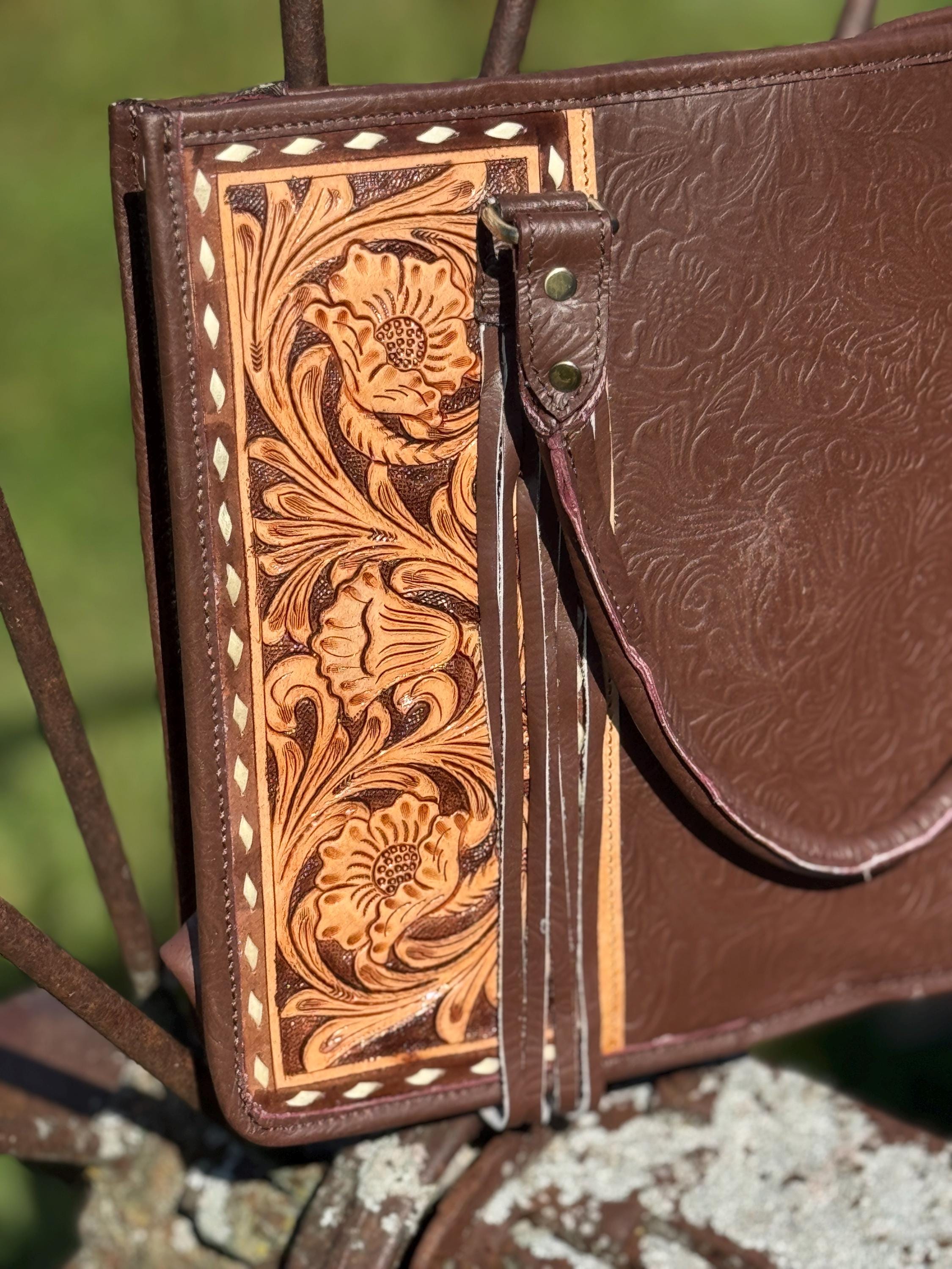 Genuine Western Leather Brown laptop messenger briefcase bag with tooled and embossed leather  by Double B Wild Rags