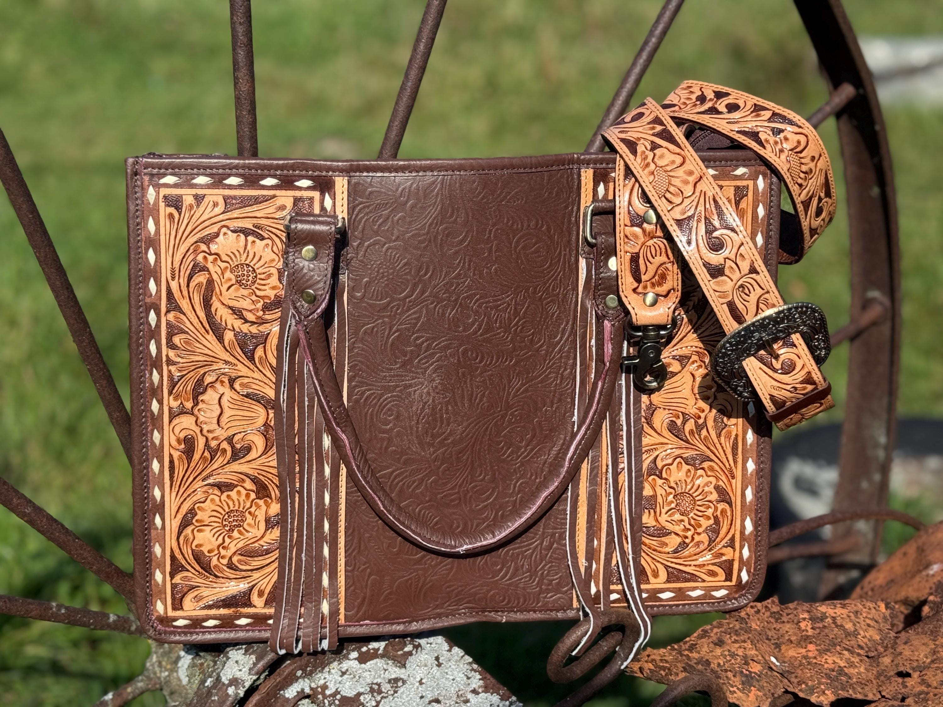 Genuine Western Leather Brown laptop messenger briefcase bag with tooled and embossed leather  by Double B Wild Rags
