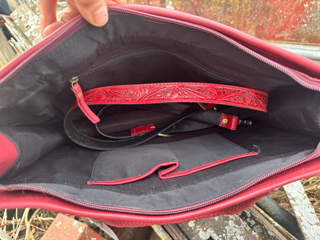 Deep Cherry Red Speedy Western Genuine Leather Barrel Bag Purse or Briefcase