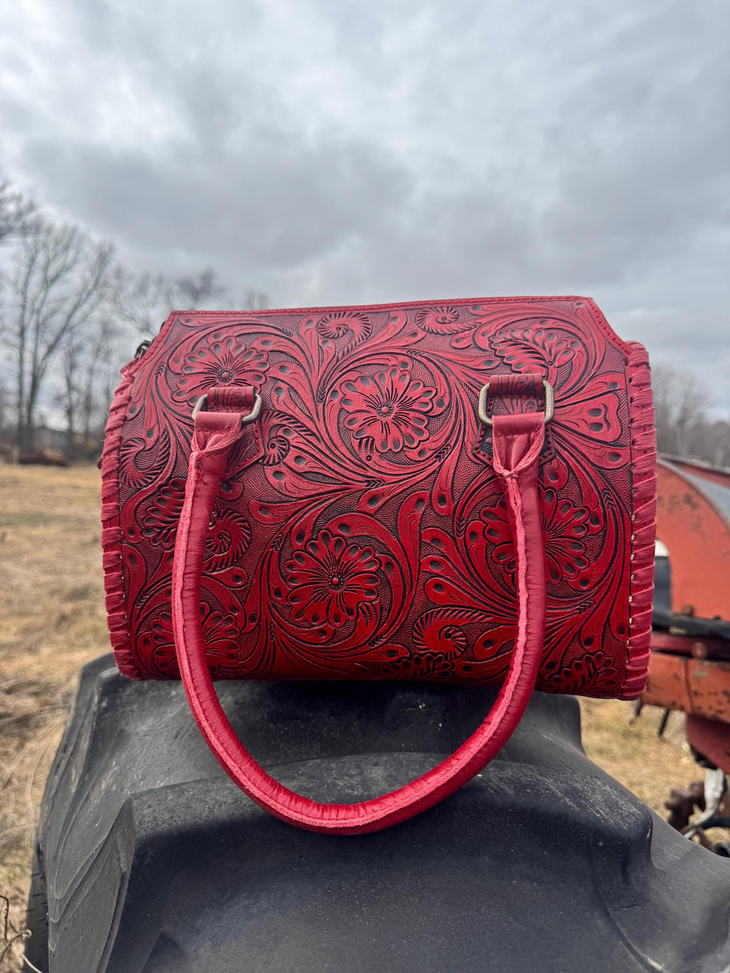 Deep Cherry Red Speedy Western Genuine Leather Barrel Bag Purse or Briefcase