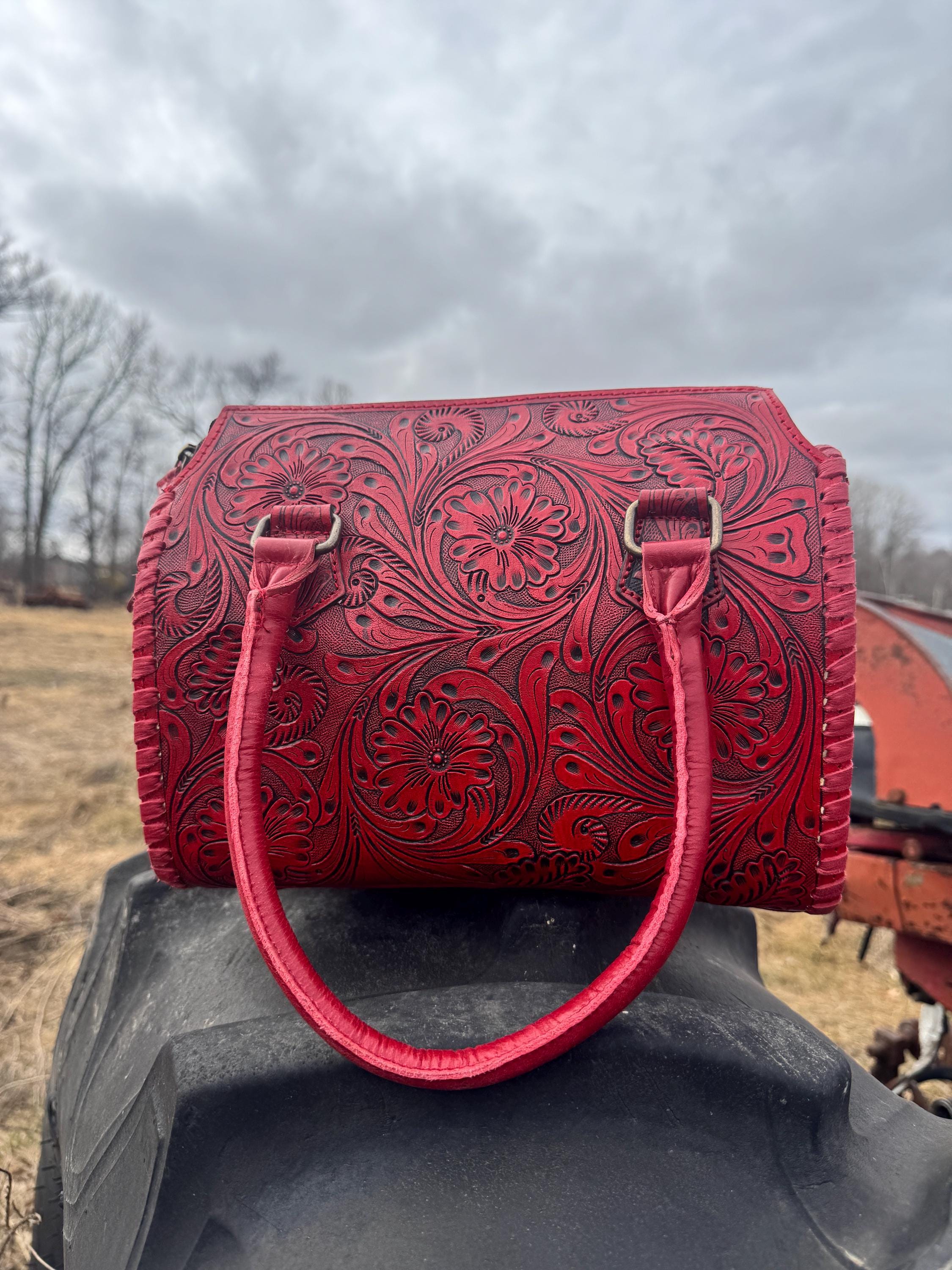 Deep Cherry Red Speedy Western Genuine Leather Barrel Bag Purse or Briefcase