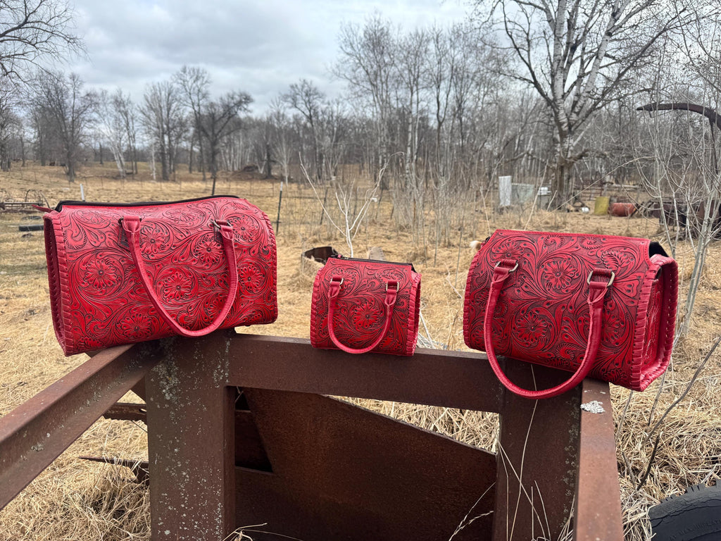 Deep Cherry Red Speedy Western Genuine Leather Barrel Bag Purse or Briefcase