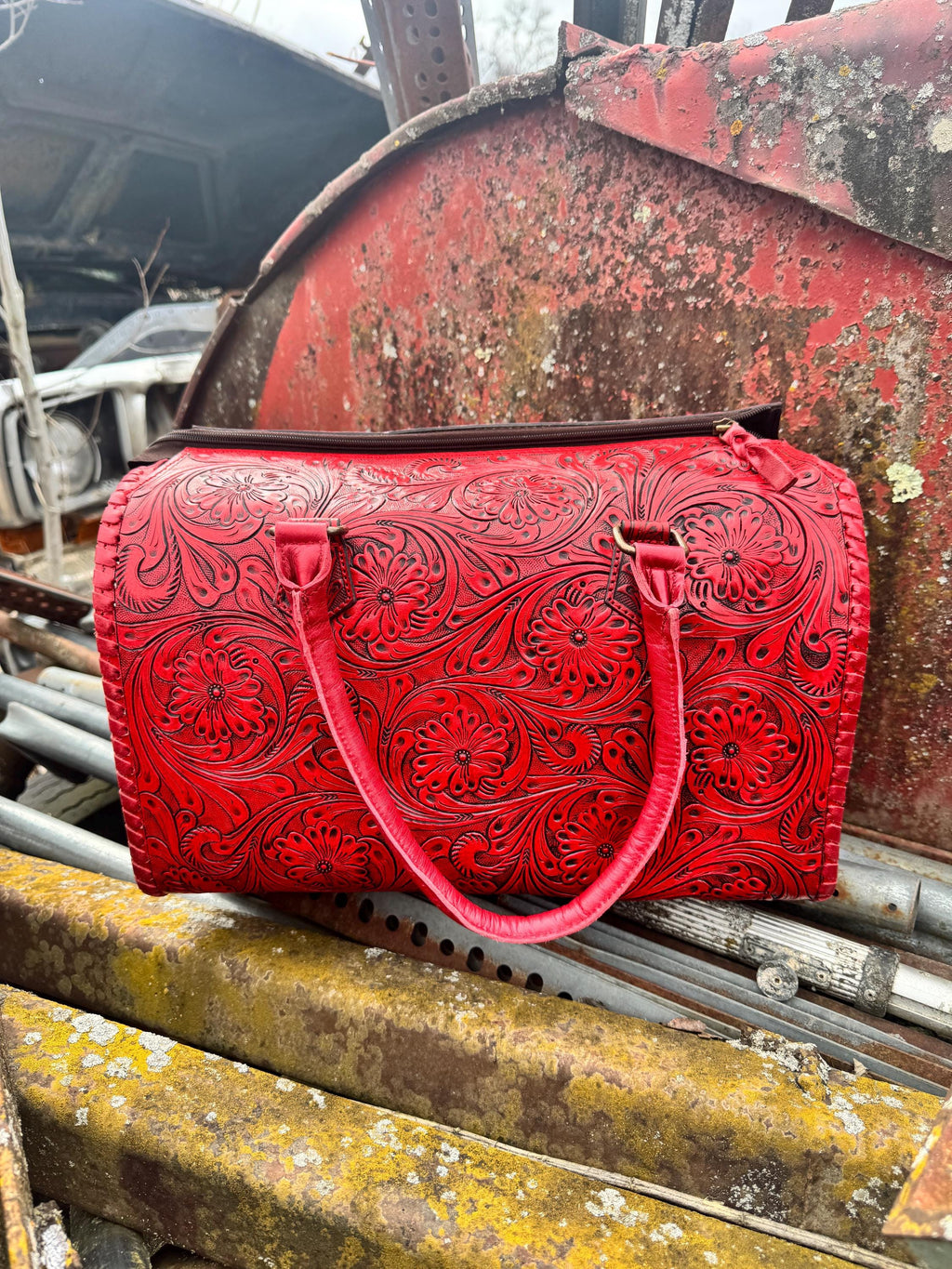Deep Cherry Red Speedy Western Genuine Leather Barrel Bag Purse or Briefcase