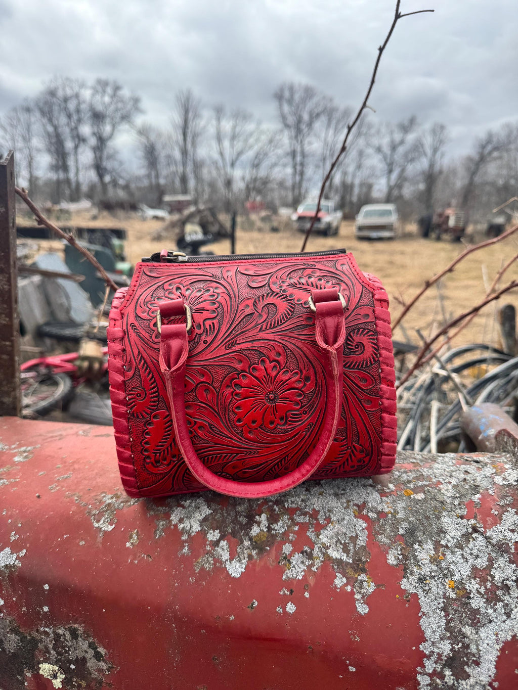 Deep Cherry Red Speedy Western Genuine Leather Barrel Bag Purse or Briefcase