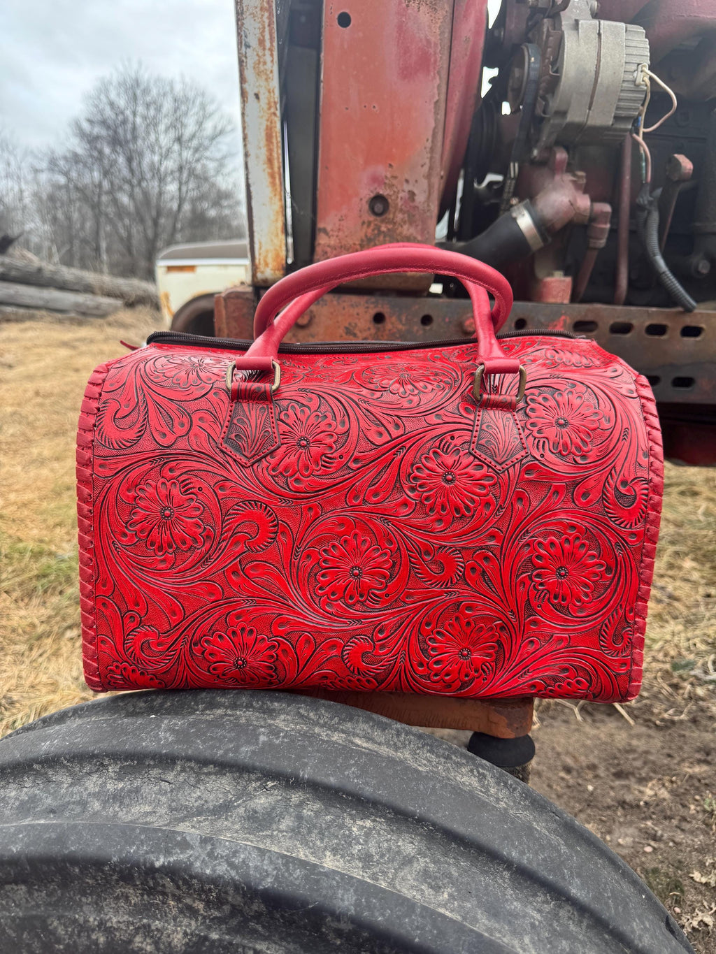 Deep Cherry Red Speedy Western Genuine Leather Barrel Bag Purse or Briefcase