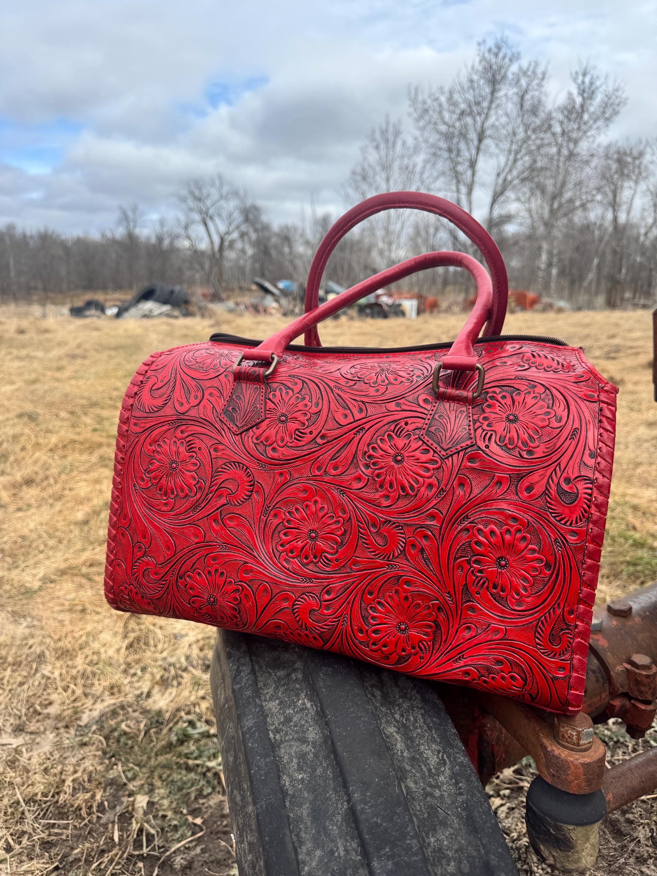 Deep Cherry Red Speedy Western Genuine Leather Barrel Bag Purse or Briefcase