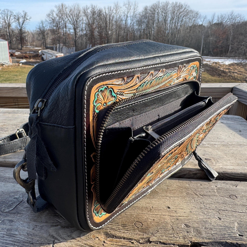Black and Turquoise Saddle Ridge Tooled Leather Western Crossbody Bag by Double B Wild Rags