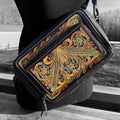 Black and Turquoise Saddle Ridge Tooled Leather Western Crossbody Bag by Double B Wild Rags