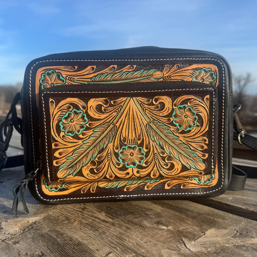 Black and Turquoise Saddle Ridge Tooled Leather Western Crossbody Bag by Double B Wild Rags