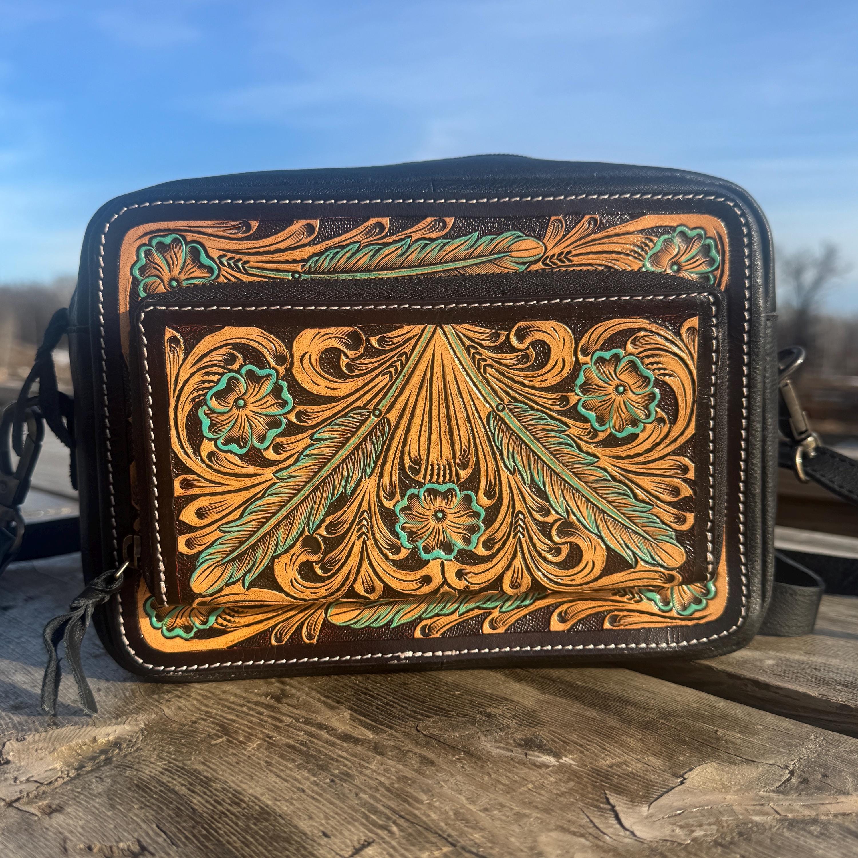 Black and Turquoise Saddle Ridge Tooled Leather Western Crossbody Bag by Double B Wild Rags