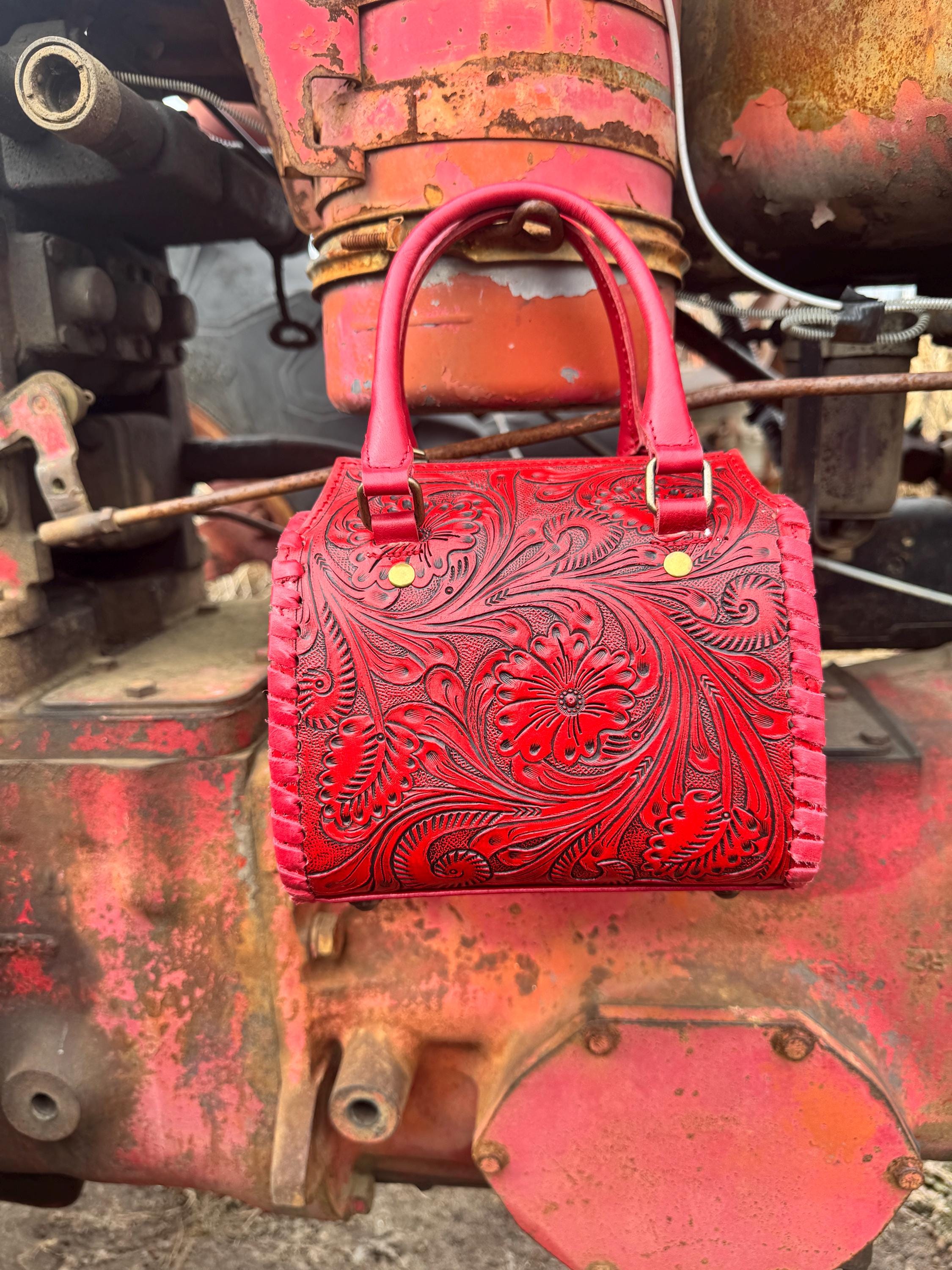 Deep Cherry Red Speedy Western Genuine Leather Barrel Bag Purse or Briefcase