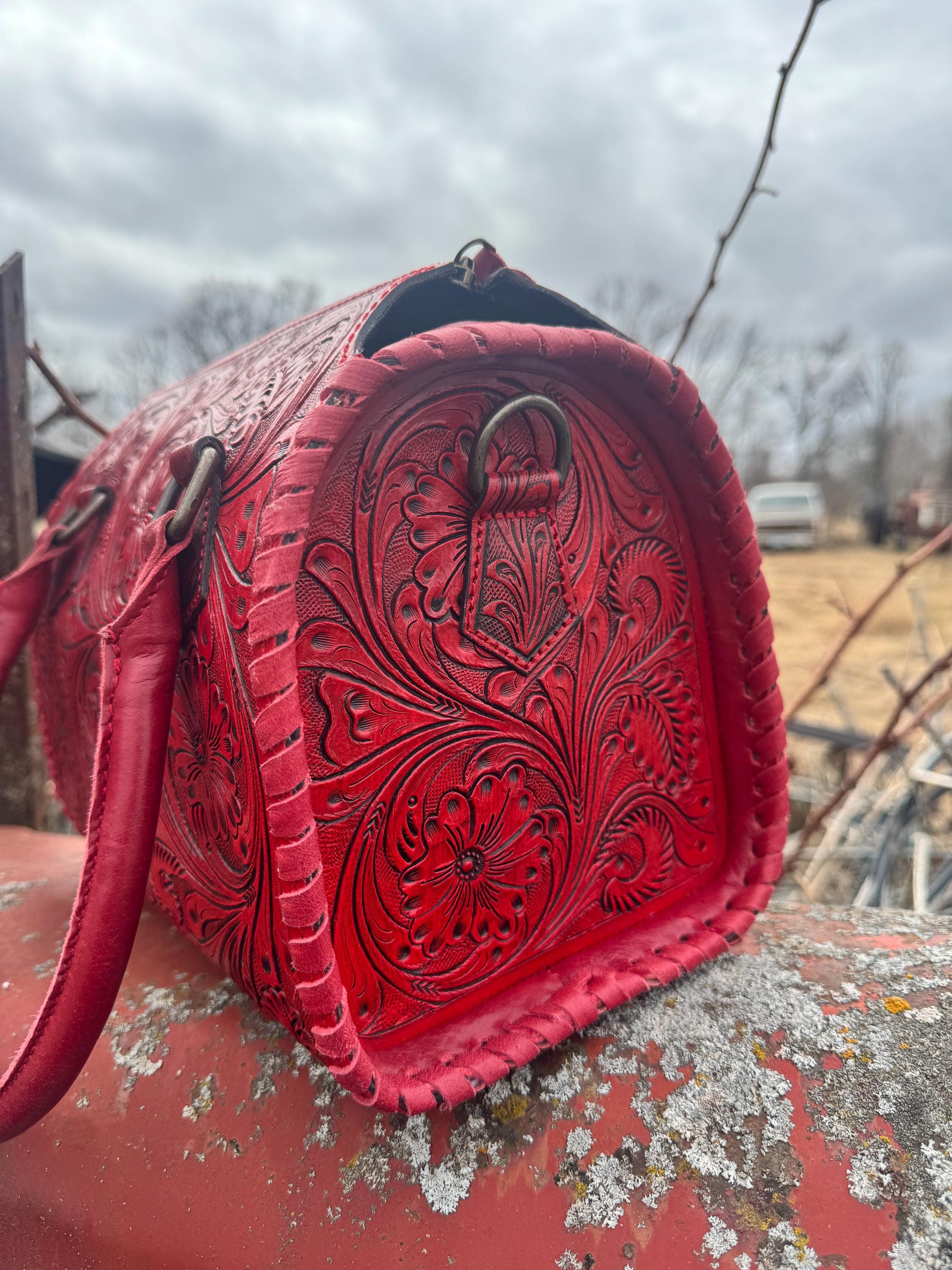 Deep Cherry Red Speedy Western Genuine Leather Barrel Bag Purse or Briefcase