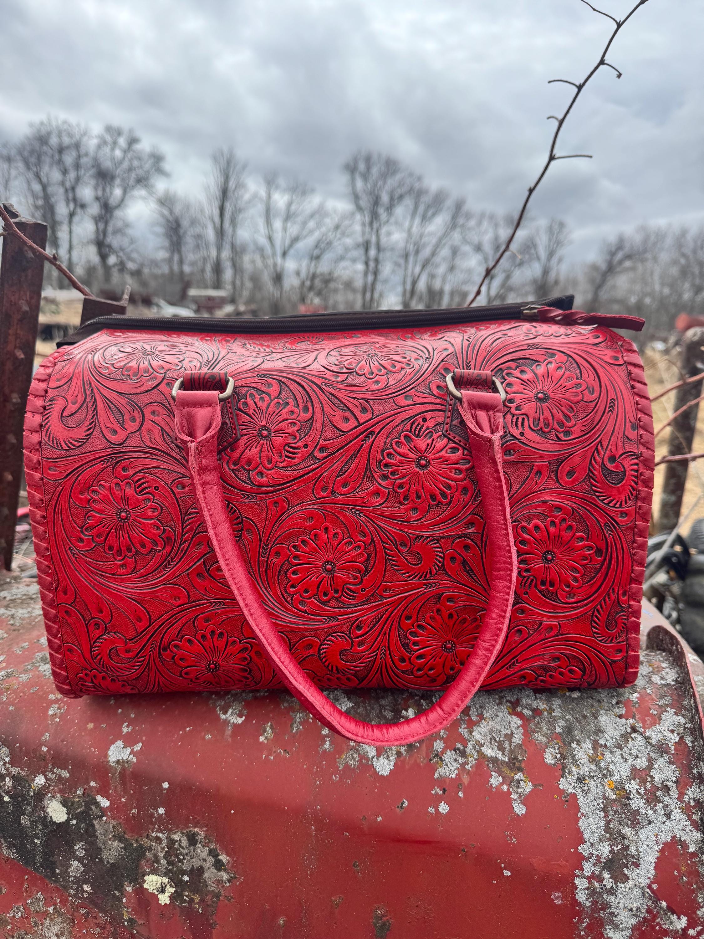 Deep Cherry Red Speedy Western Genuine Leather Barrel Bag Purse or Briefcase