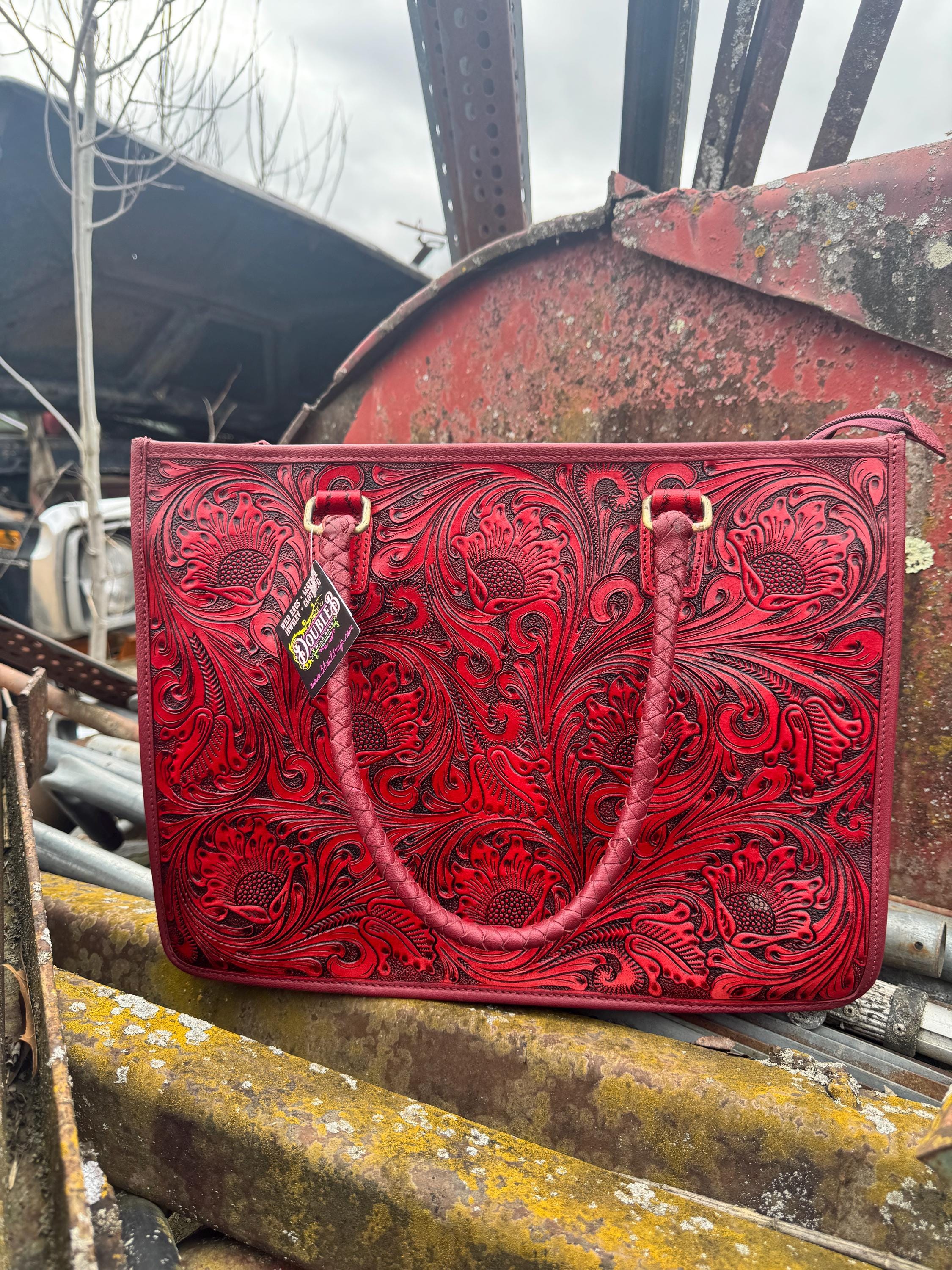 Deep Cherry Red Speedy Western Genuine Leather Barrel Bag Purse or Briefcase