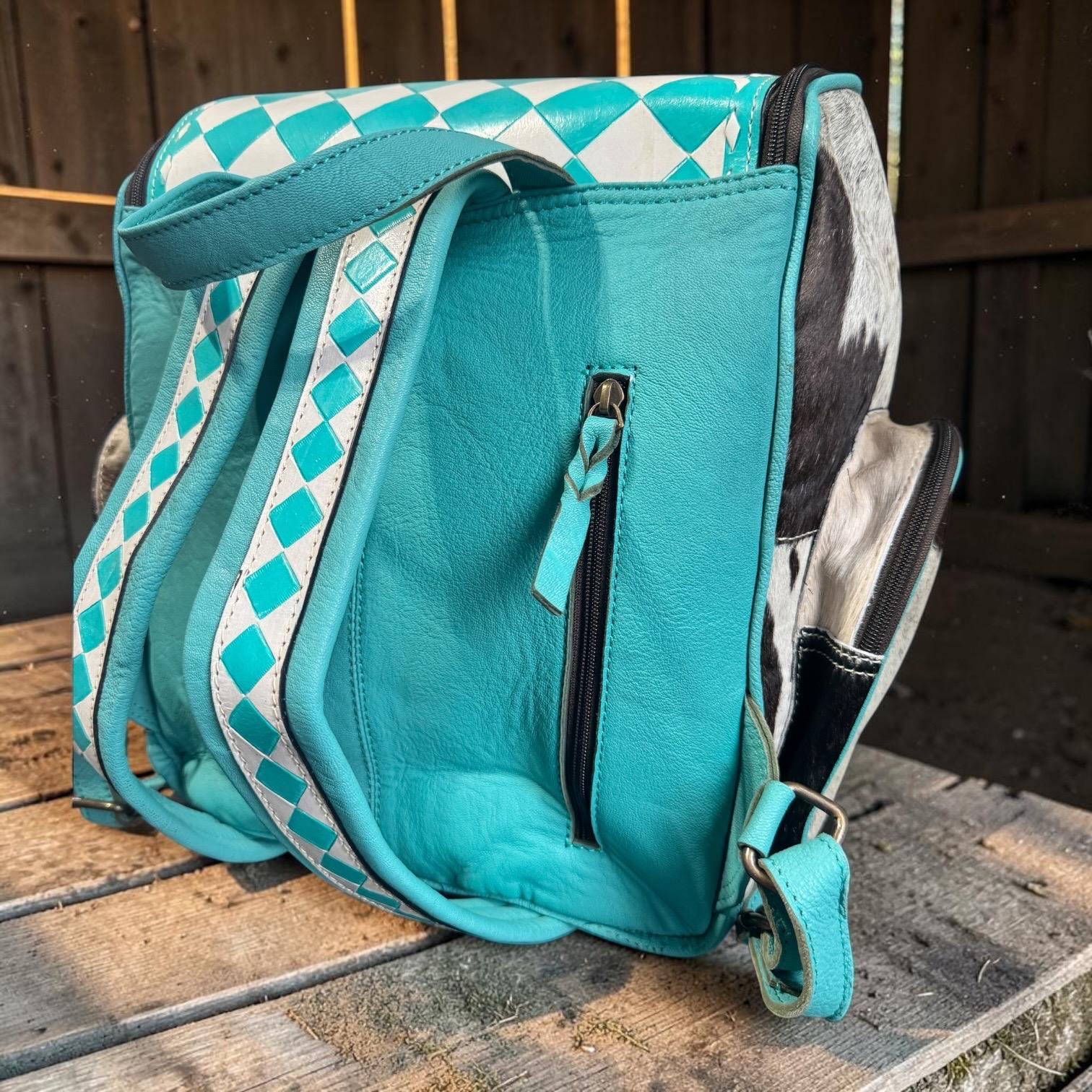 Checkered Genuine Cowhide Leather Backpack by Double B