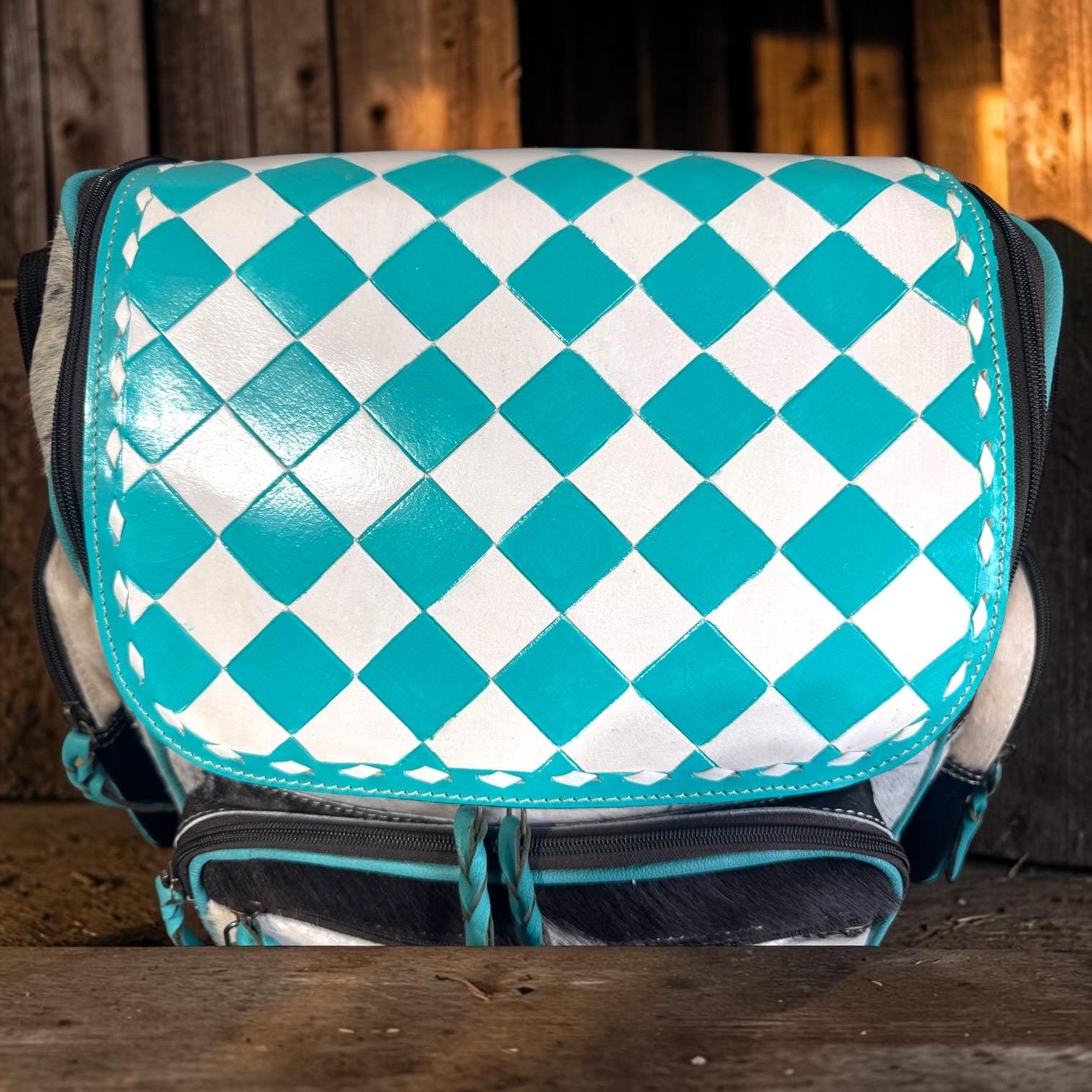 Checkered Genuine Cowhide Leather Backpack by Double B