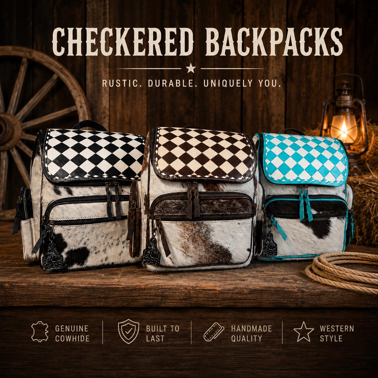 Checkered Genuine Cowhide Leather Backpack by Double B