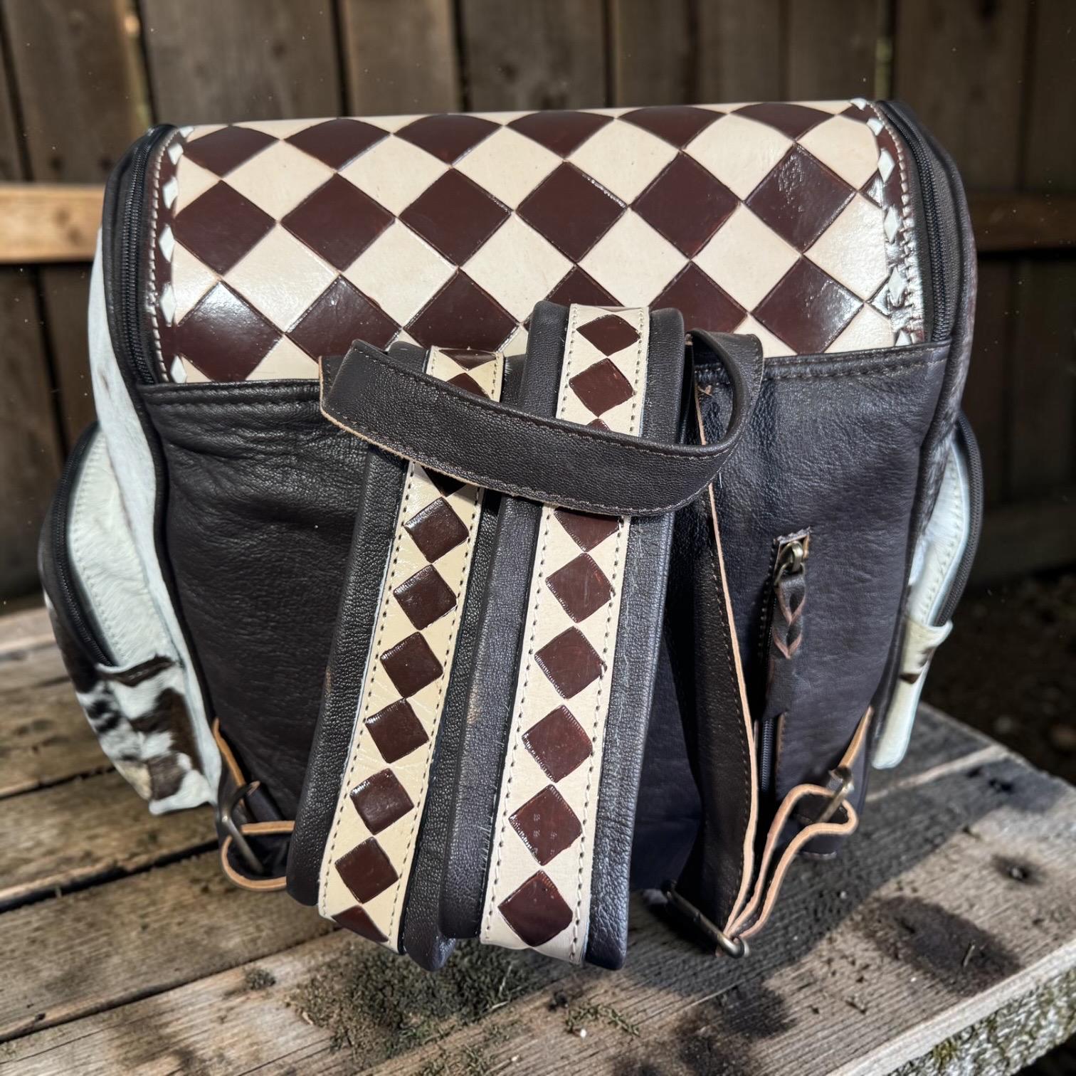 Checkered Genuine Cowhide Leather Backpack by Double B