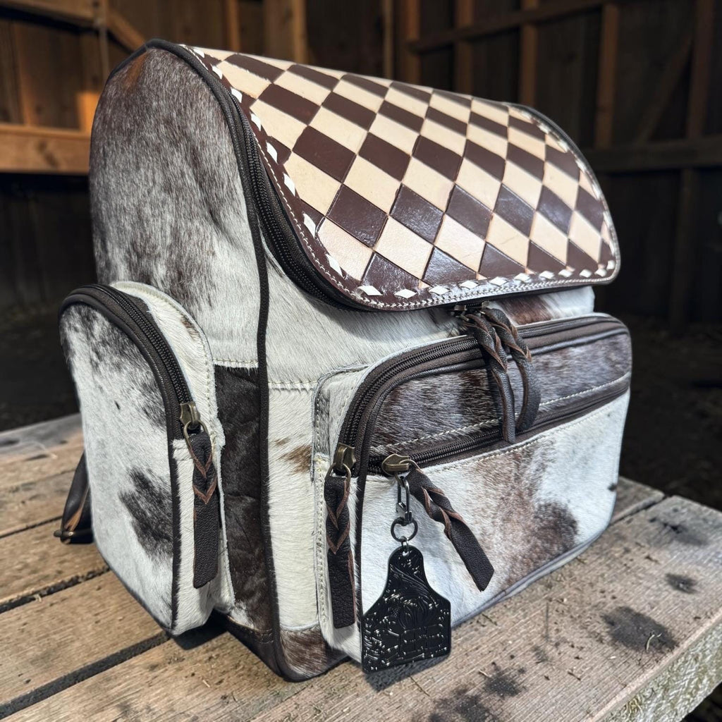 Checkered Genuine Cowhide Leather Backpack by Double B
