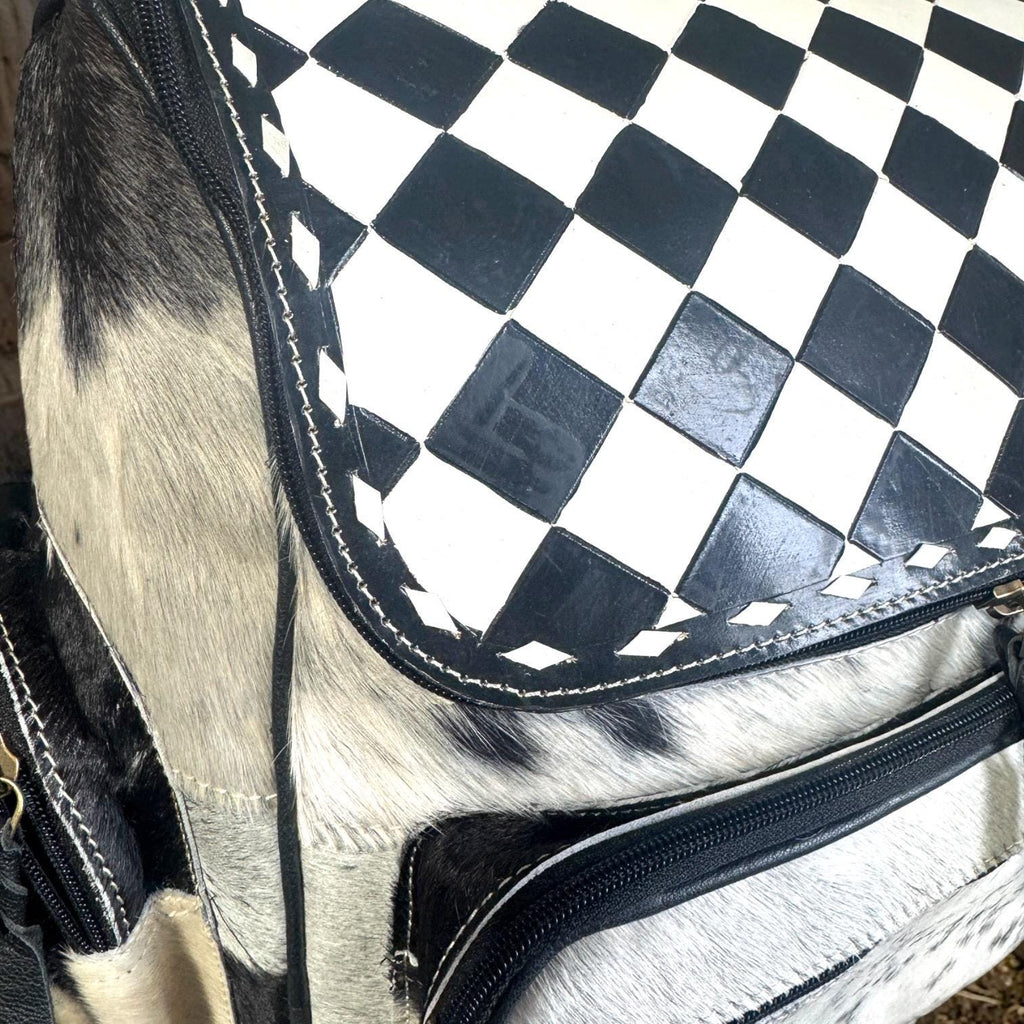 Checkered Genuine Cowhide Leather Backpack by Double B