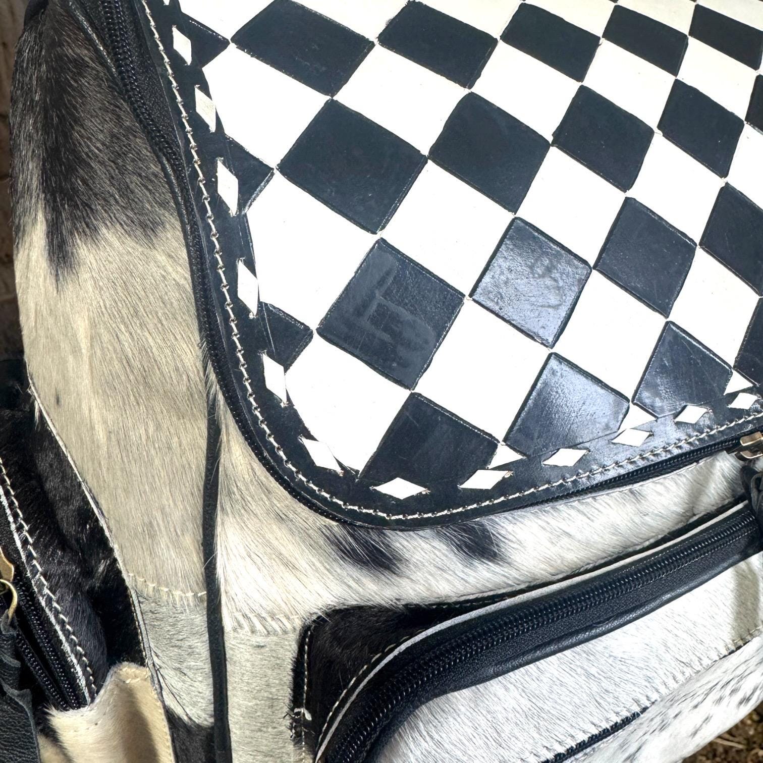 Checkered Genuine Cowhide Leather Backpack by Double B