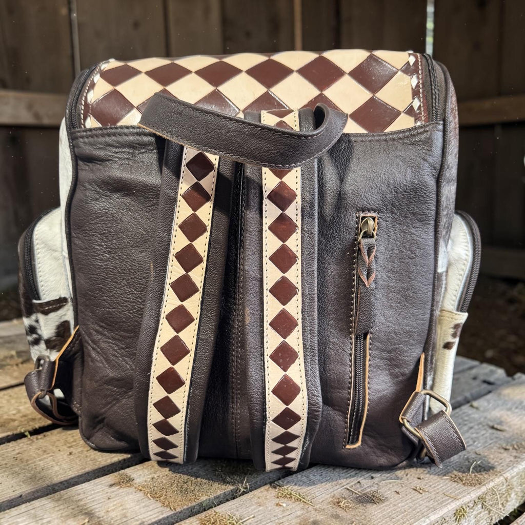 Checkered Genuine Cowhide Leather Backpack by Double B