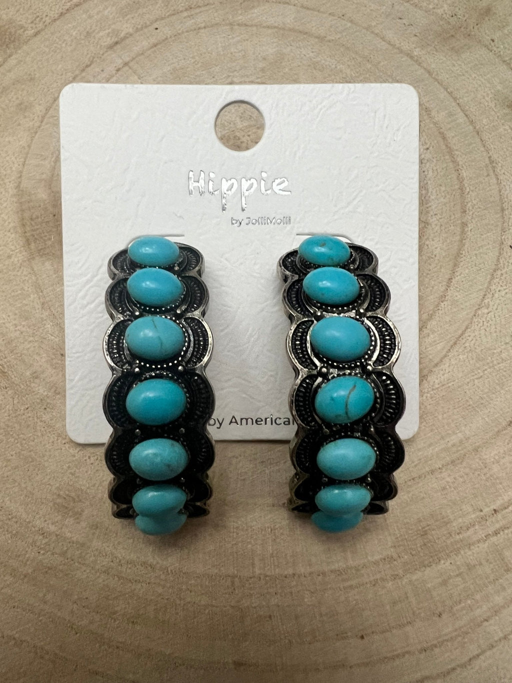 Large Western Faux Turquoise Hoop Earrings — Oxidized Stamped 2" Hoop