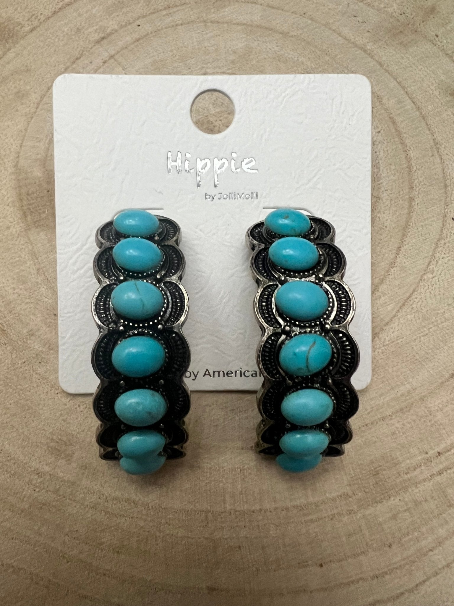 Large Western Faux Turquoise Hoop Earrings — Oxidized Stamped 2" Hoop