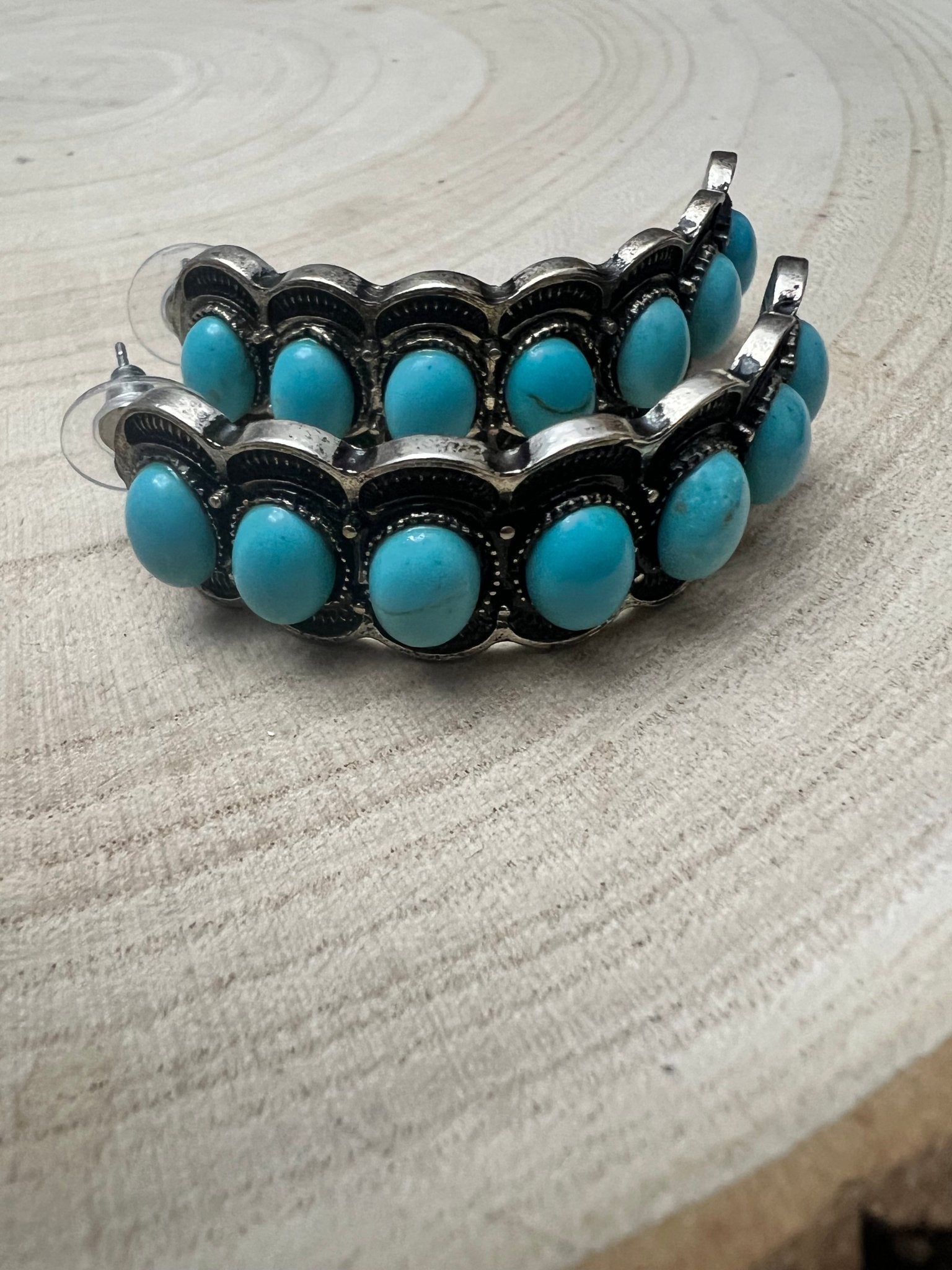 Large Western Faux Turquoise Hoop Earrings — Oxidized Stamped 2" Hoop