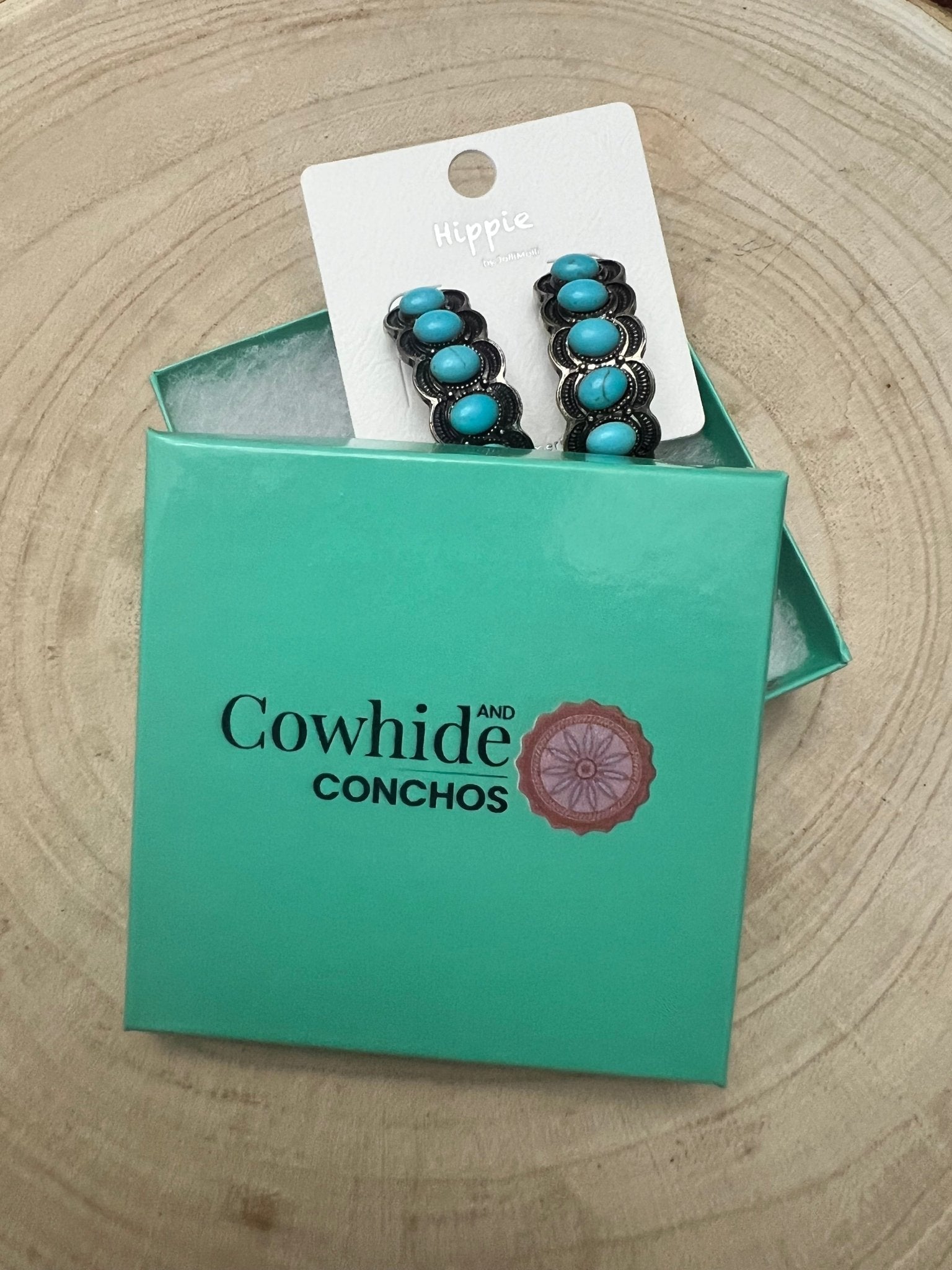 Large Western Faux Turquoise Hoop Earrings — Oxidized Stamped 2" Hoop