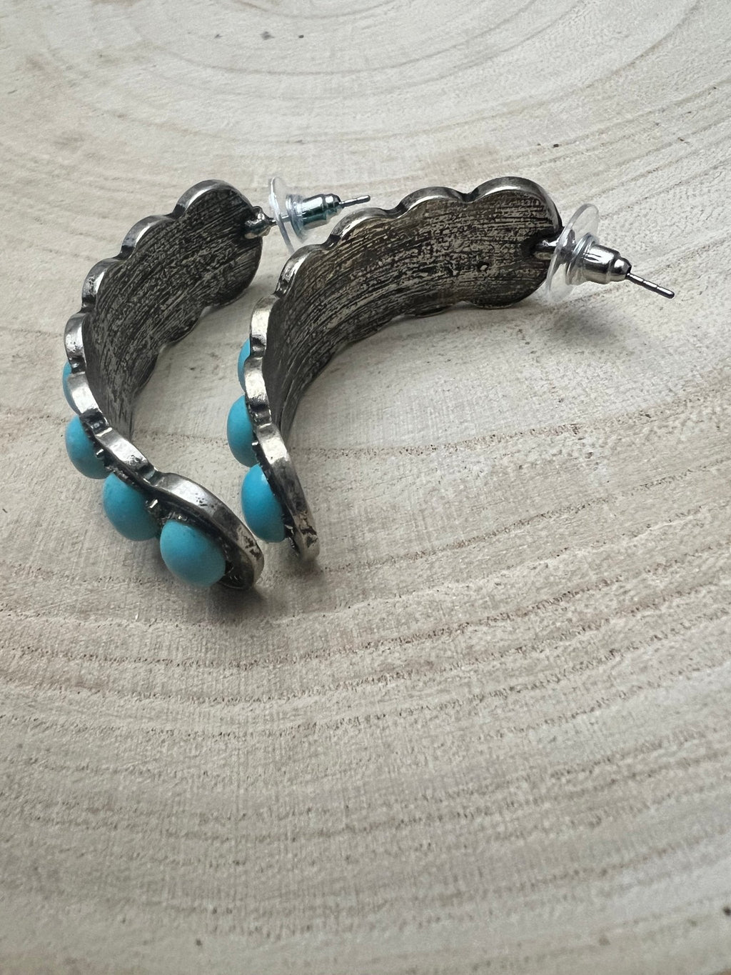 Large Western Faux Turquoise Hoop Earrings — Oxidized Stamped 2" Hoop
