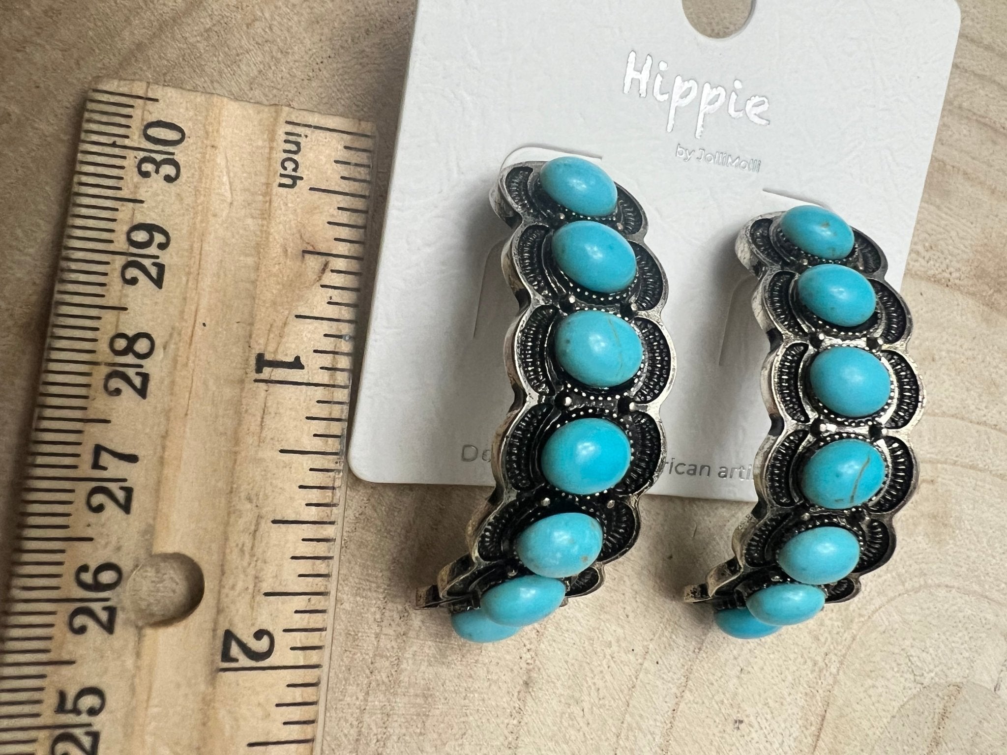 Large Western Faux Turquoise Hoop Earrings — Oxidized Stamped 2" Hoop