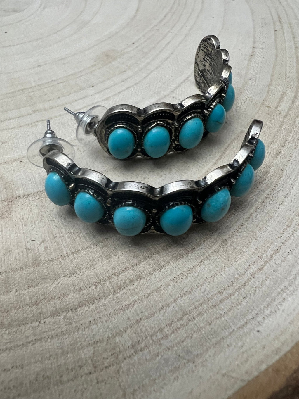 Large Western Faux Turquoise Hoop Earrings — Oxidized Stamped 2" Hoop