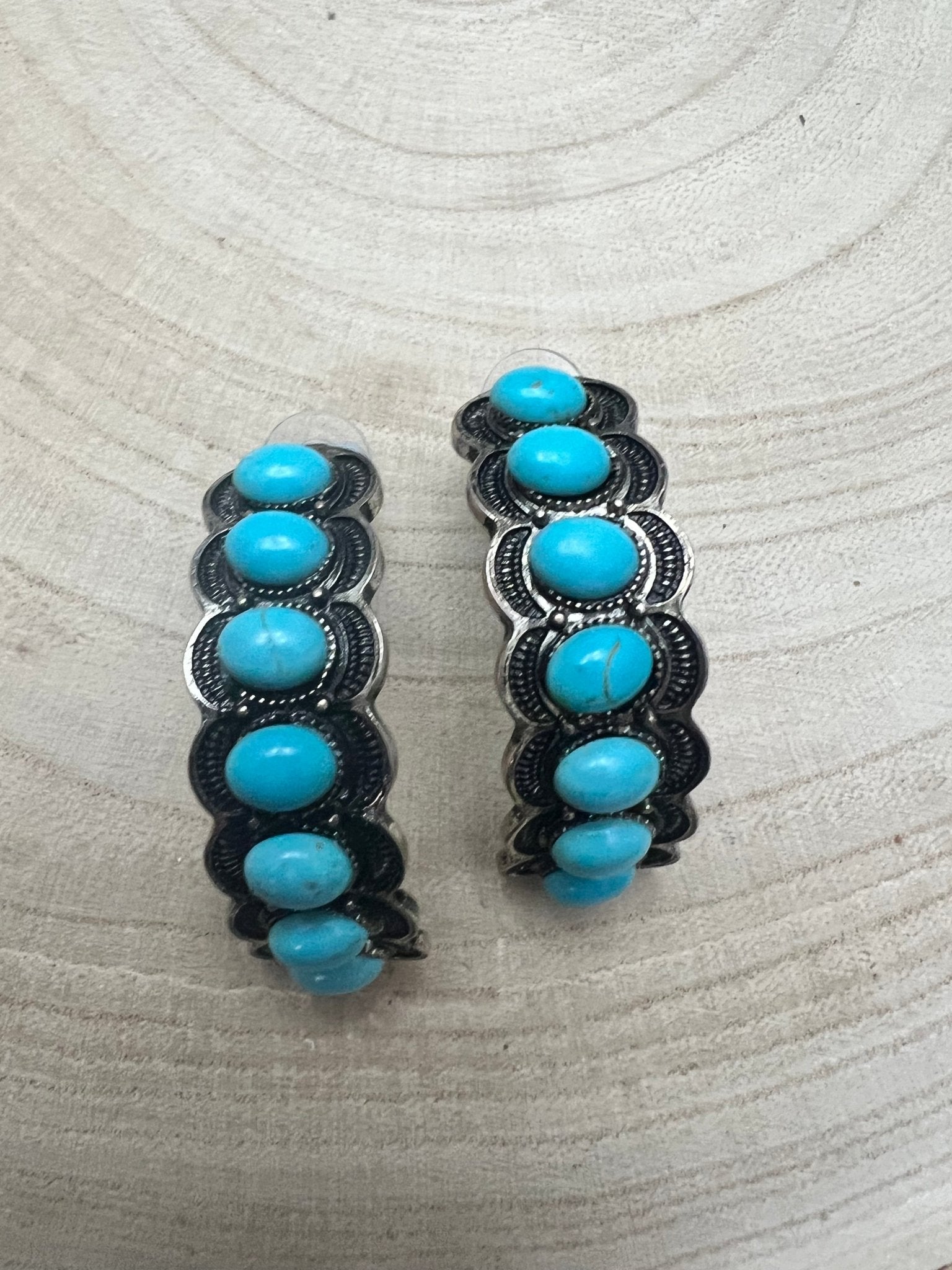 Large Western Faux Turquoise Hoop Earrings — Oxidized Stamped 2" Hoop