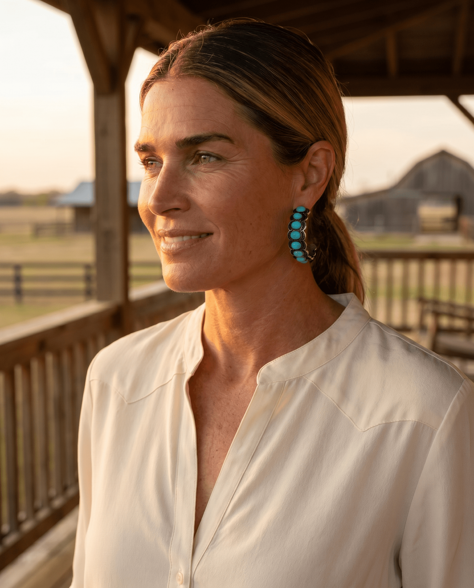 Large Western Faux Turquoise Hoop Earrings — Oxidized Stamped 2" Hoop