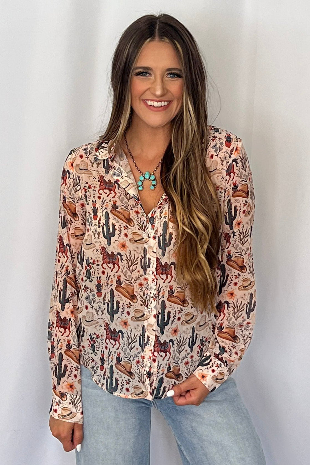 Blue B "Painted Desert" Western Chiffon Button-Up Blouse — Lightweight Semi-Opaque Desert Print (small remains)