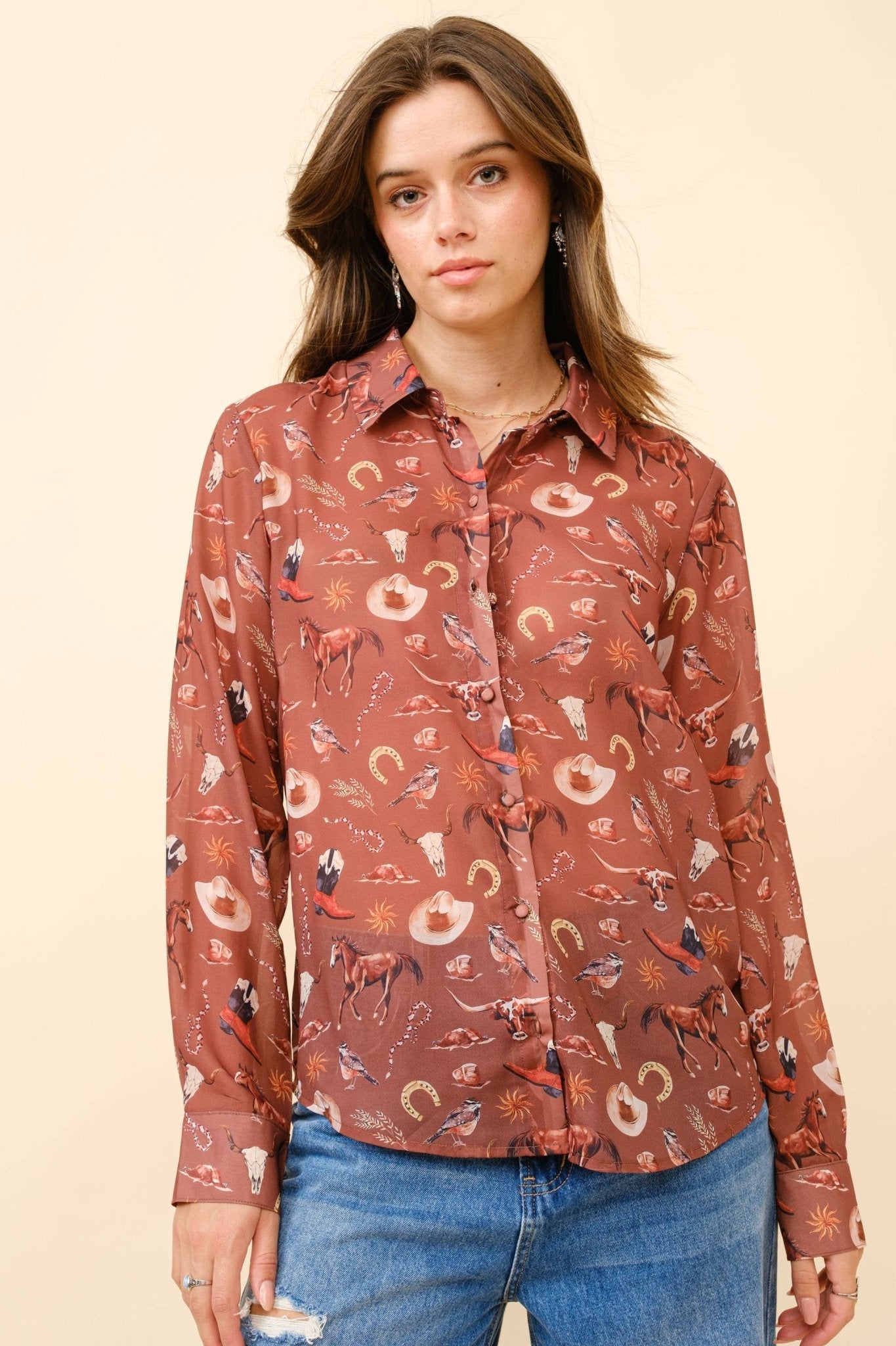 Blue B "Painted Desert" Western Chiffon Button-Up Blouse — Lightweight Semi-Opaque Desert Print (small remains)
