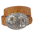Western Sunflower Buckle with Vintage Floral Tooled Belt — Two-Tone Silver & Gold
