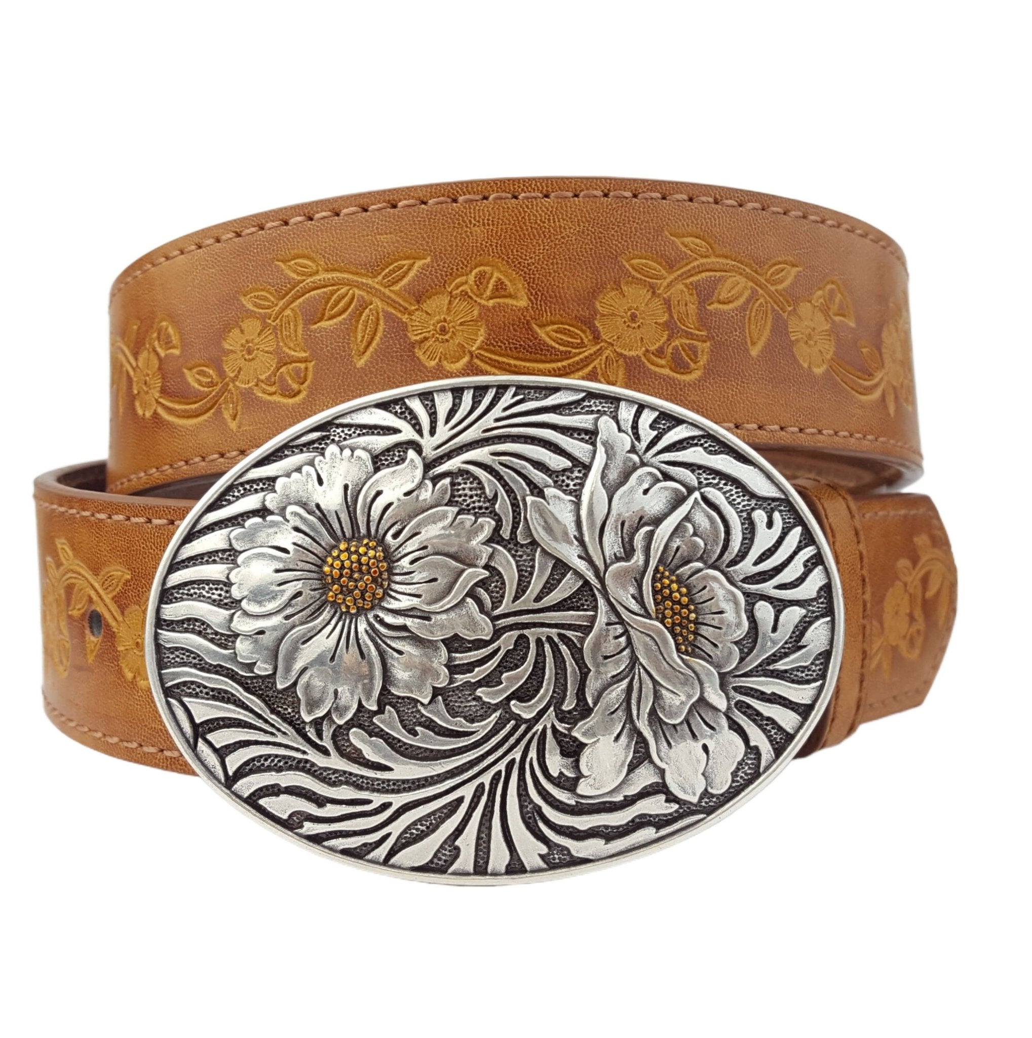 Western Sunflower Buckle with Vintage Floral Tooled Belt — Two-Tone Silver & Gold