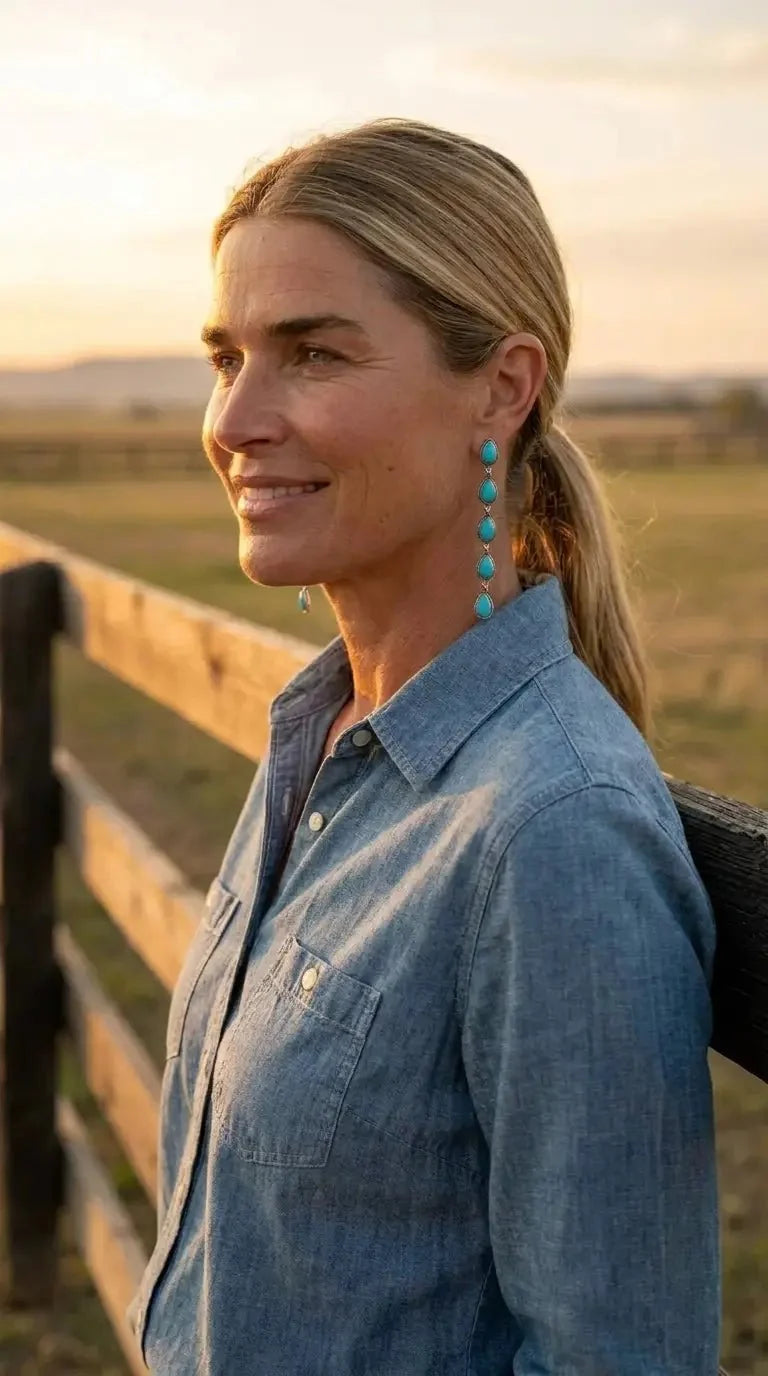 Western 5-Teardrop Faux Turquoise Dangle Earrings — Bold 3½" Statement Drop