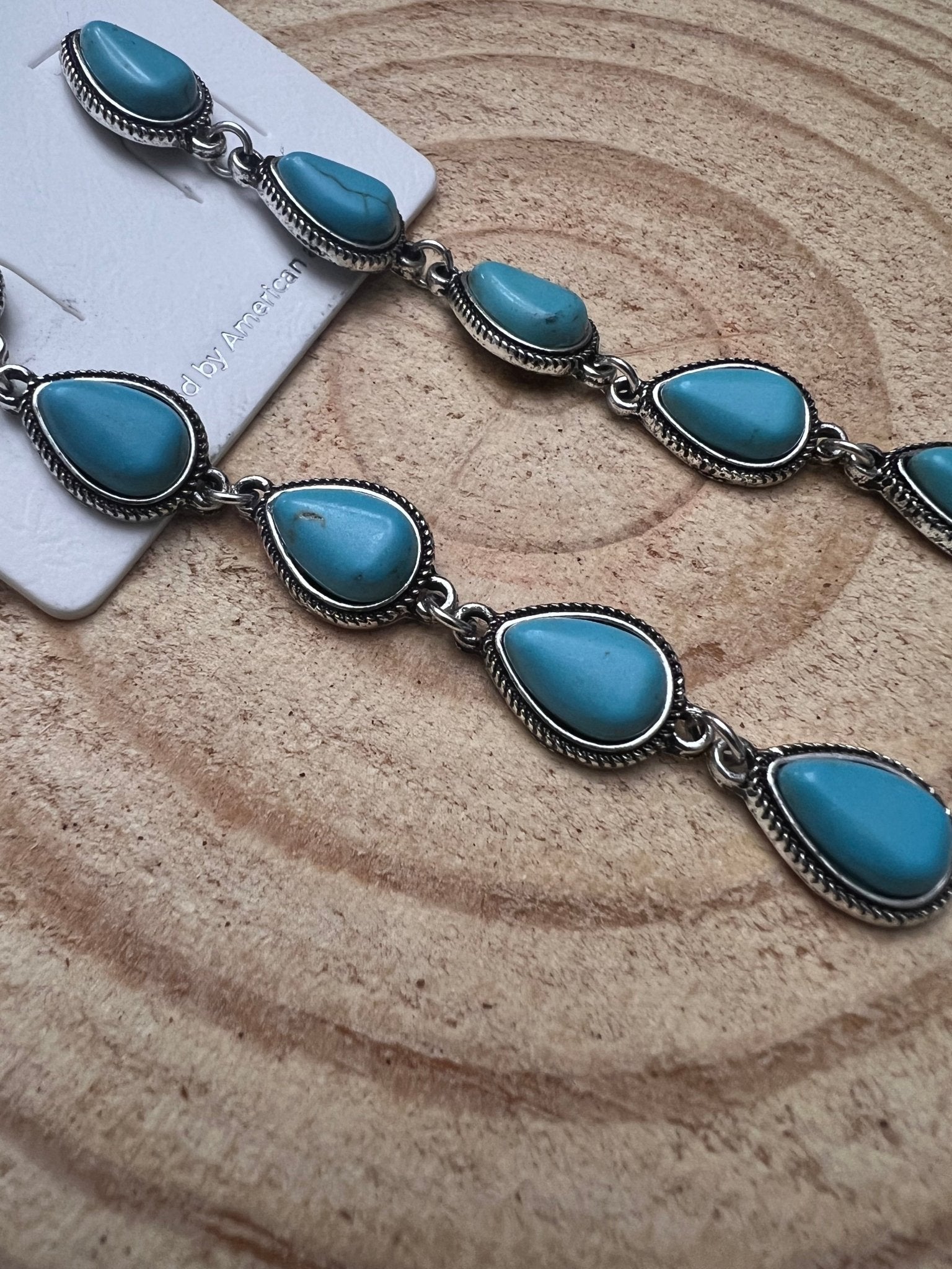 Western 5-Teardrop Faux Turquoise Dangle Earrings — Bold 3½" Statement Drop